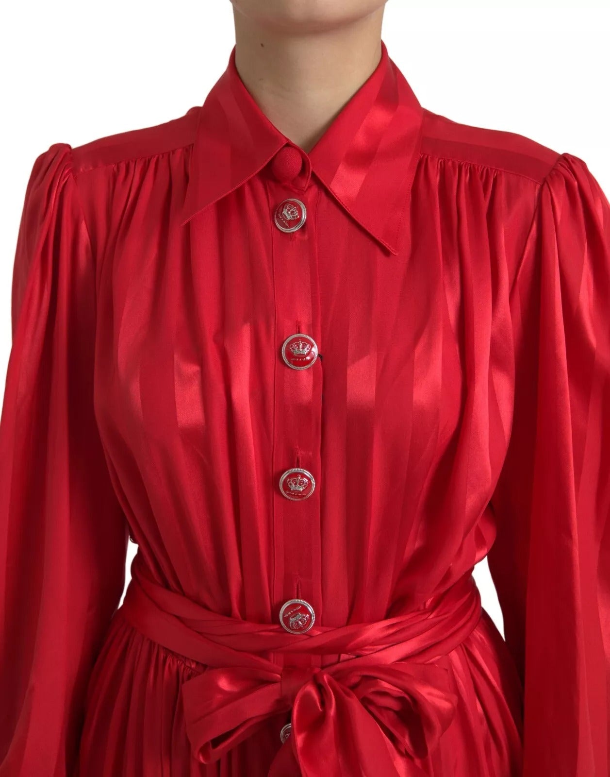 Dolce & Gabbana Red Button Down Belted Midi Satin Silk Dress - SMARTMARTNZ