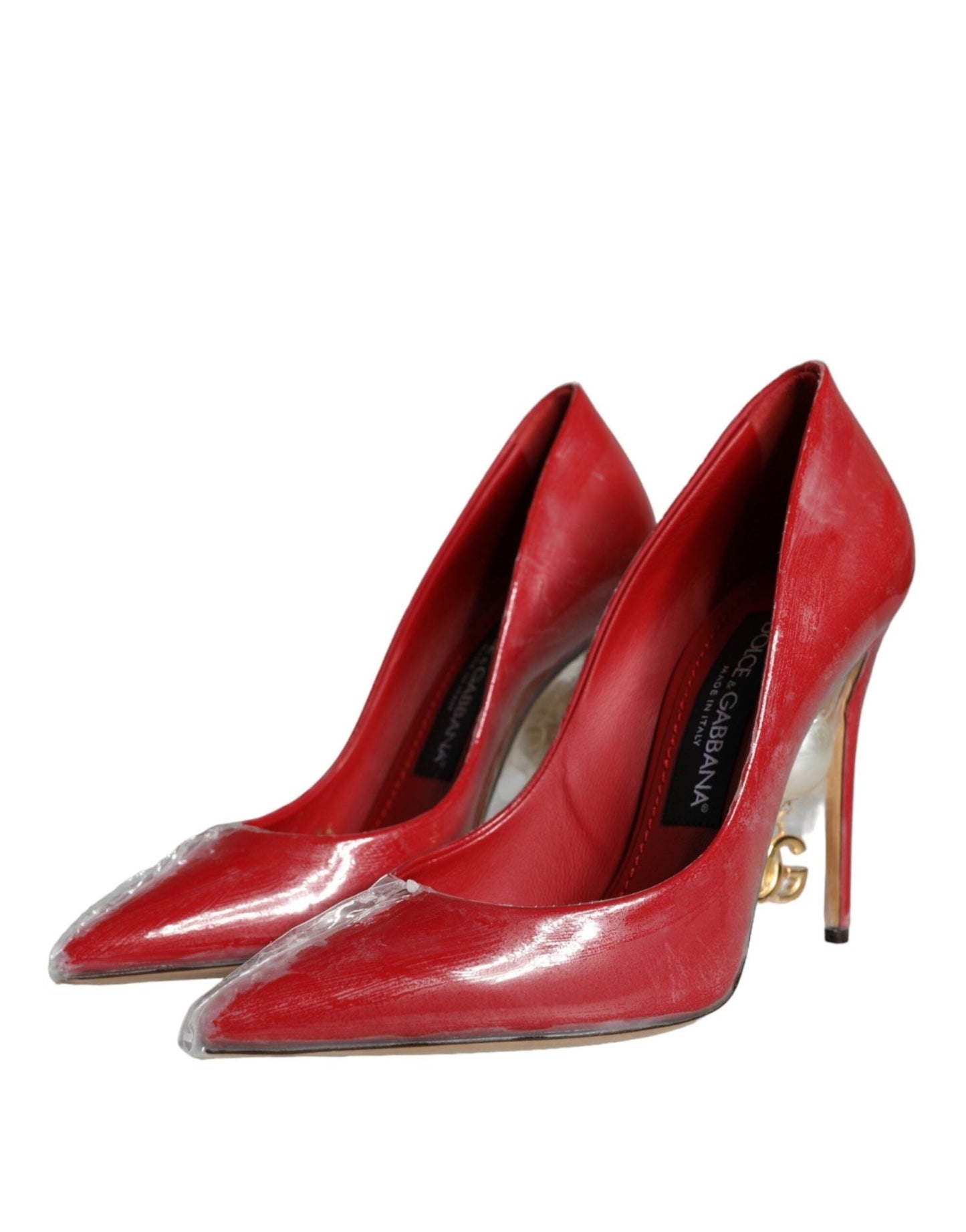 Dolce & Gabbana Red Patent Leather Faux Pearl Heels Pumps Shoes - SMARTMARTNZ