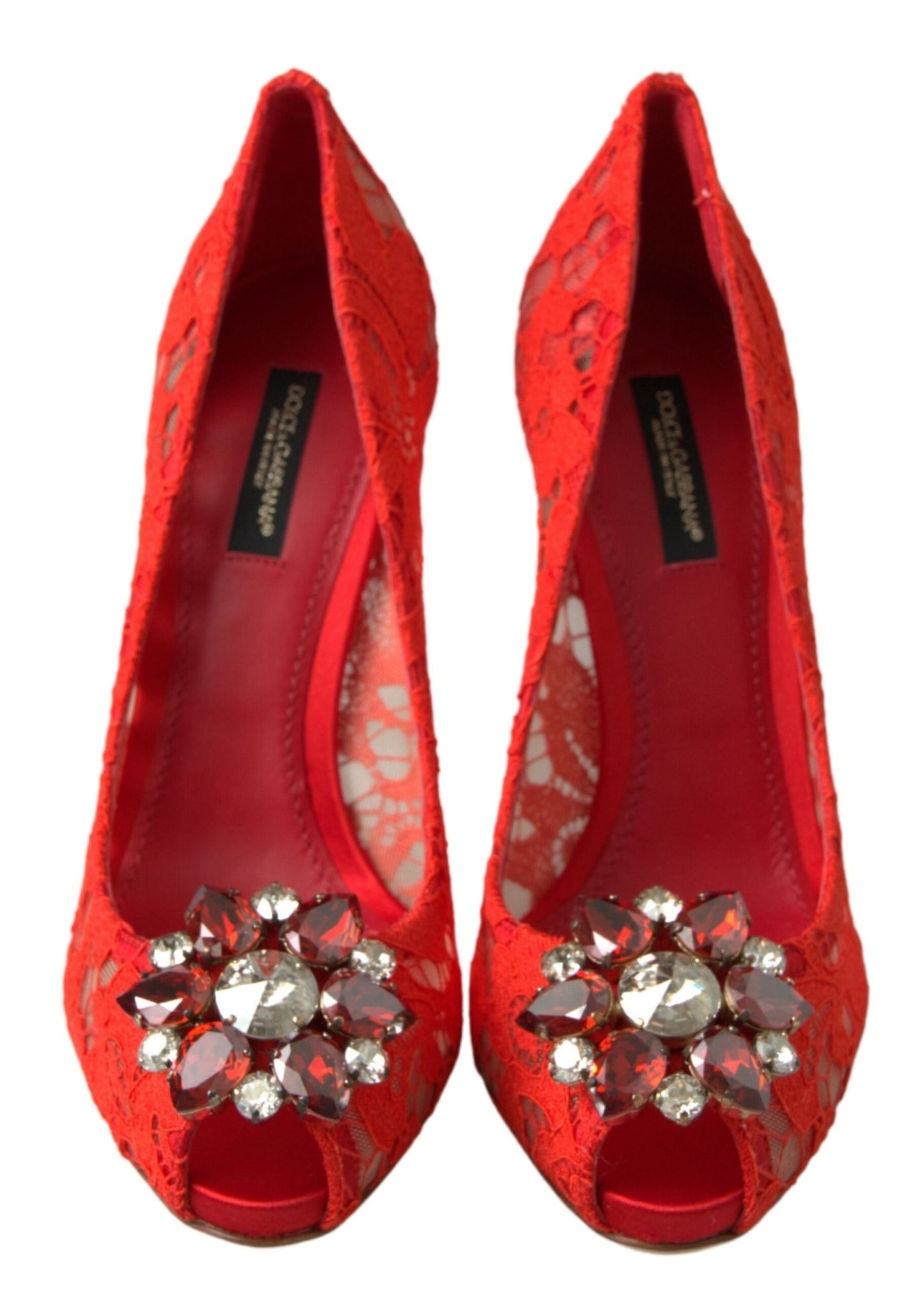 Dolce & Gabbana Red Taormina Lace Crystal Heels Pumps Shoes - SMARTMARTNZ