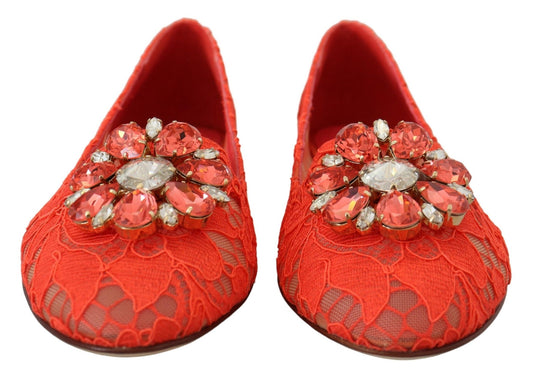 Dolce & Gabbana Red Taormina Lace Crystals Ballet Flats Shoes - SMARTMARTNZ