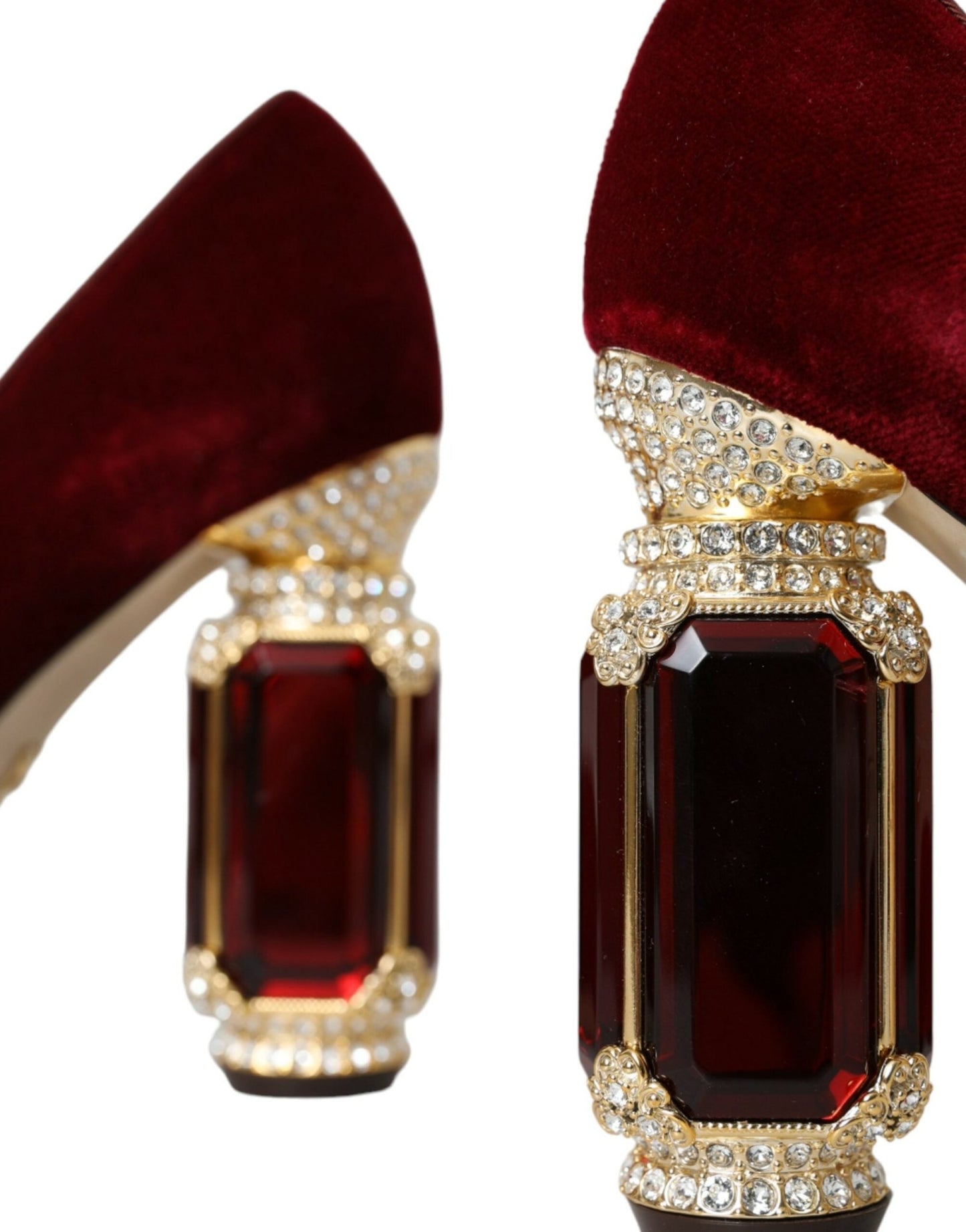 Dolce & Gabbana Red Velvet Gold Crystals Heels Mary Jane Shoes - SMARTMARTNZ