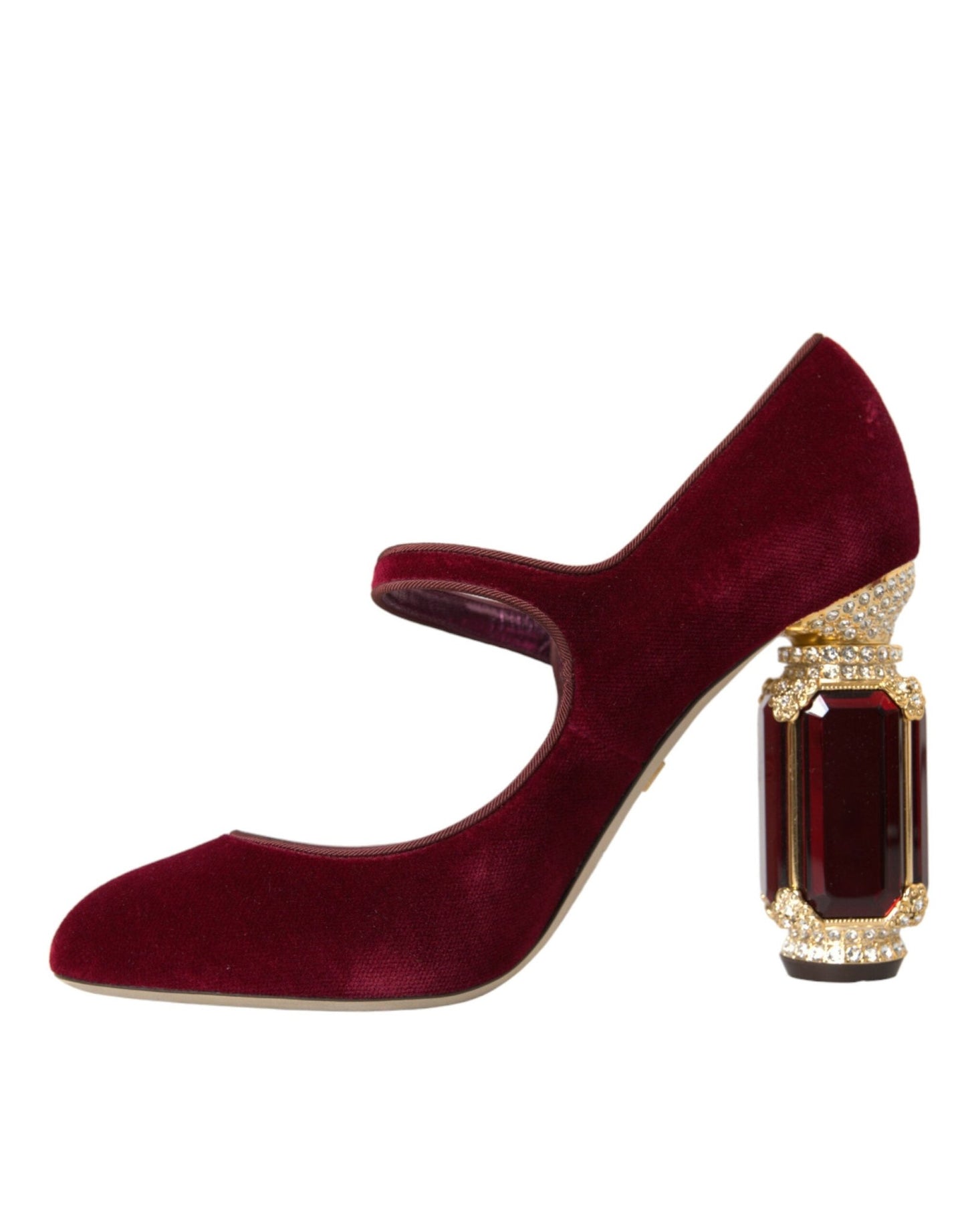Dolce & Gabbana Red Velvet Gold Crystals Heels Mary Jane Shoes - SMARTMARTNZ
