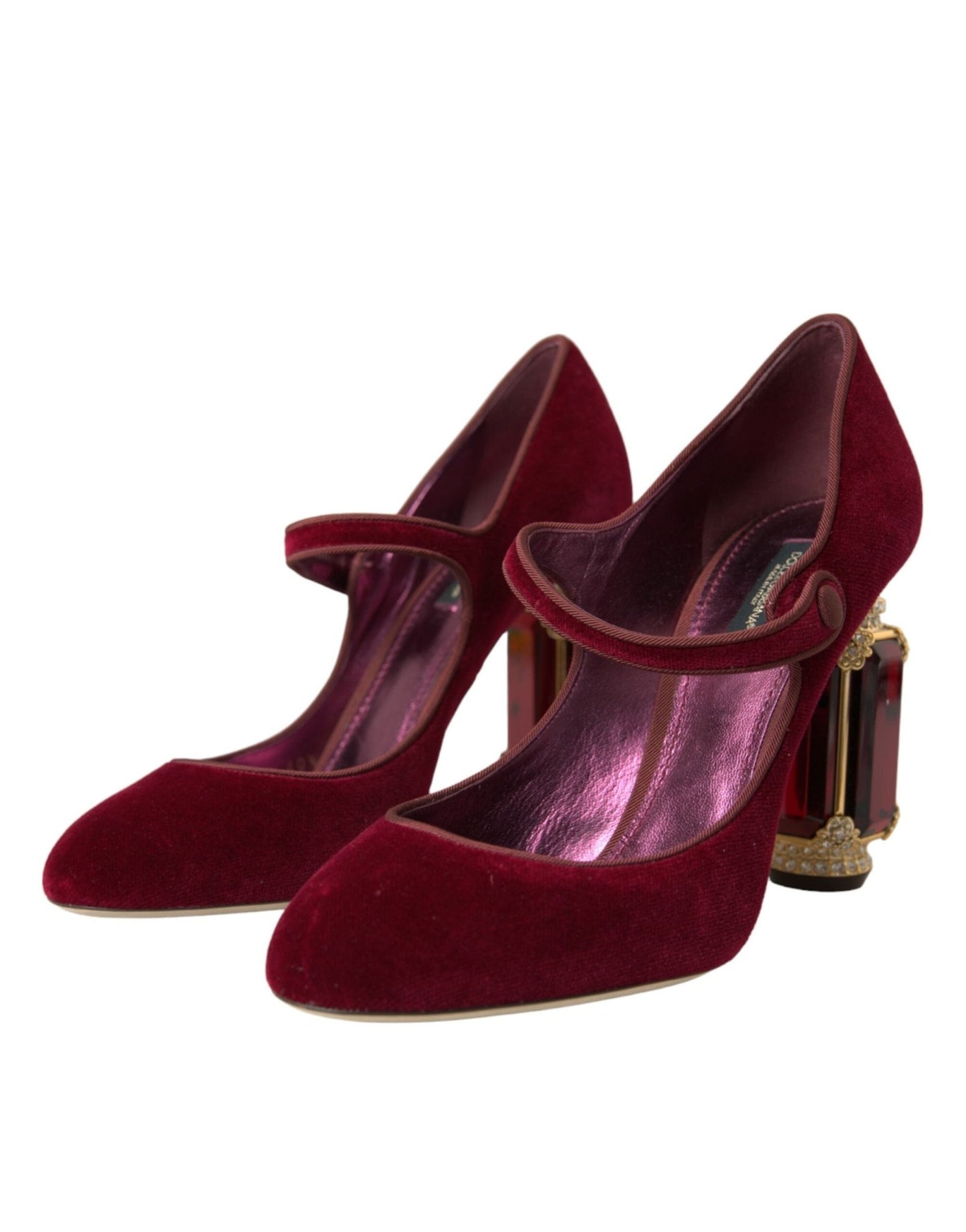 Dolce & Gabbana Red Velvet Gold Crystals Heels Mary Jane Shoes - SMARTMARTNZ