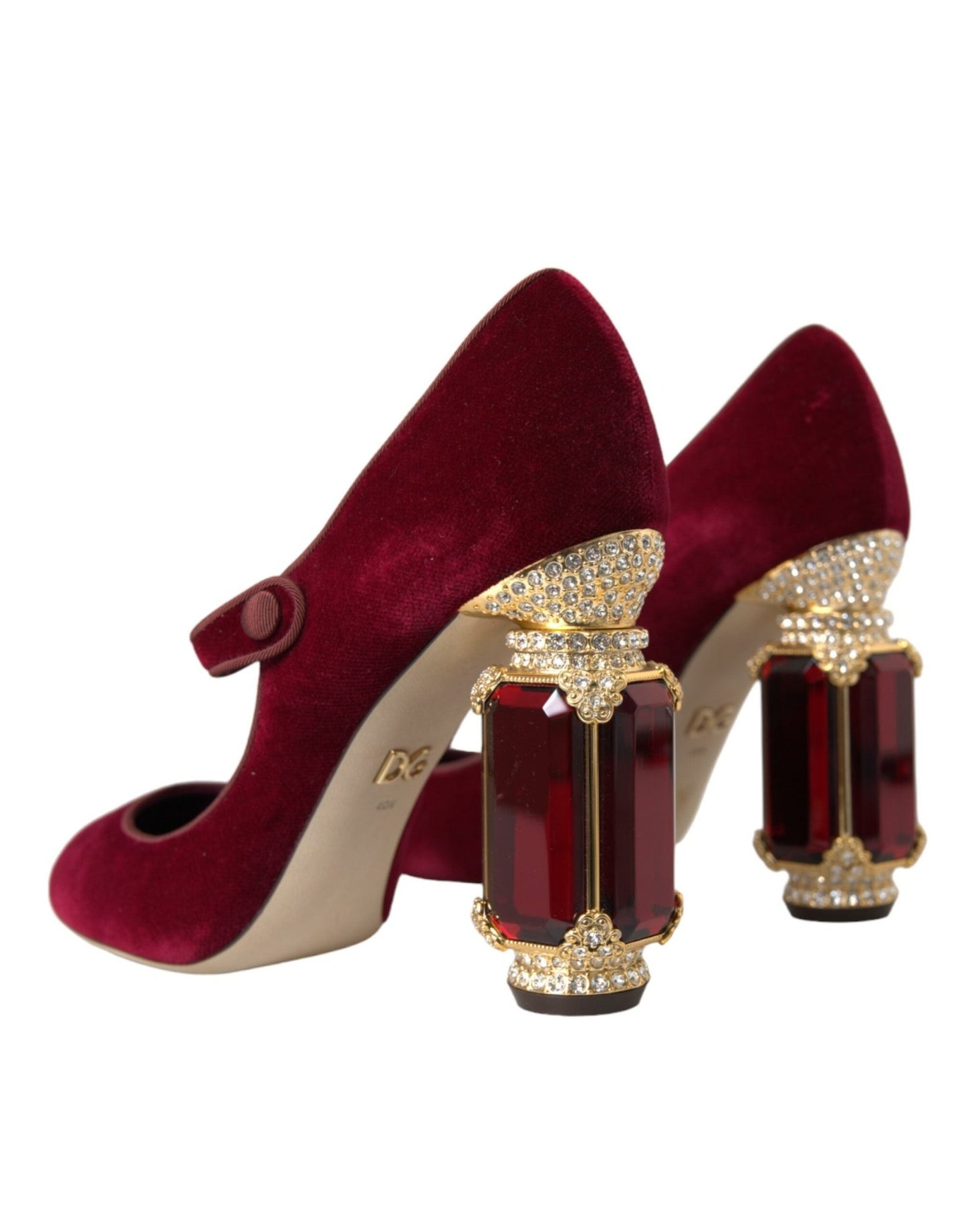 Dolce & Gabbana Red Velvet Gold Crystals Heels Mary Jane Shoes - SMARTMARTNZ