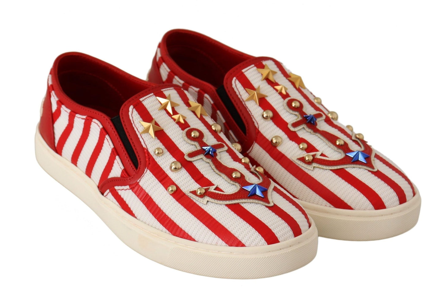 Dolce & Gabbana Red White Anchor Studded Loafers Shoes - SMARTMARTNZ