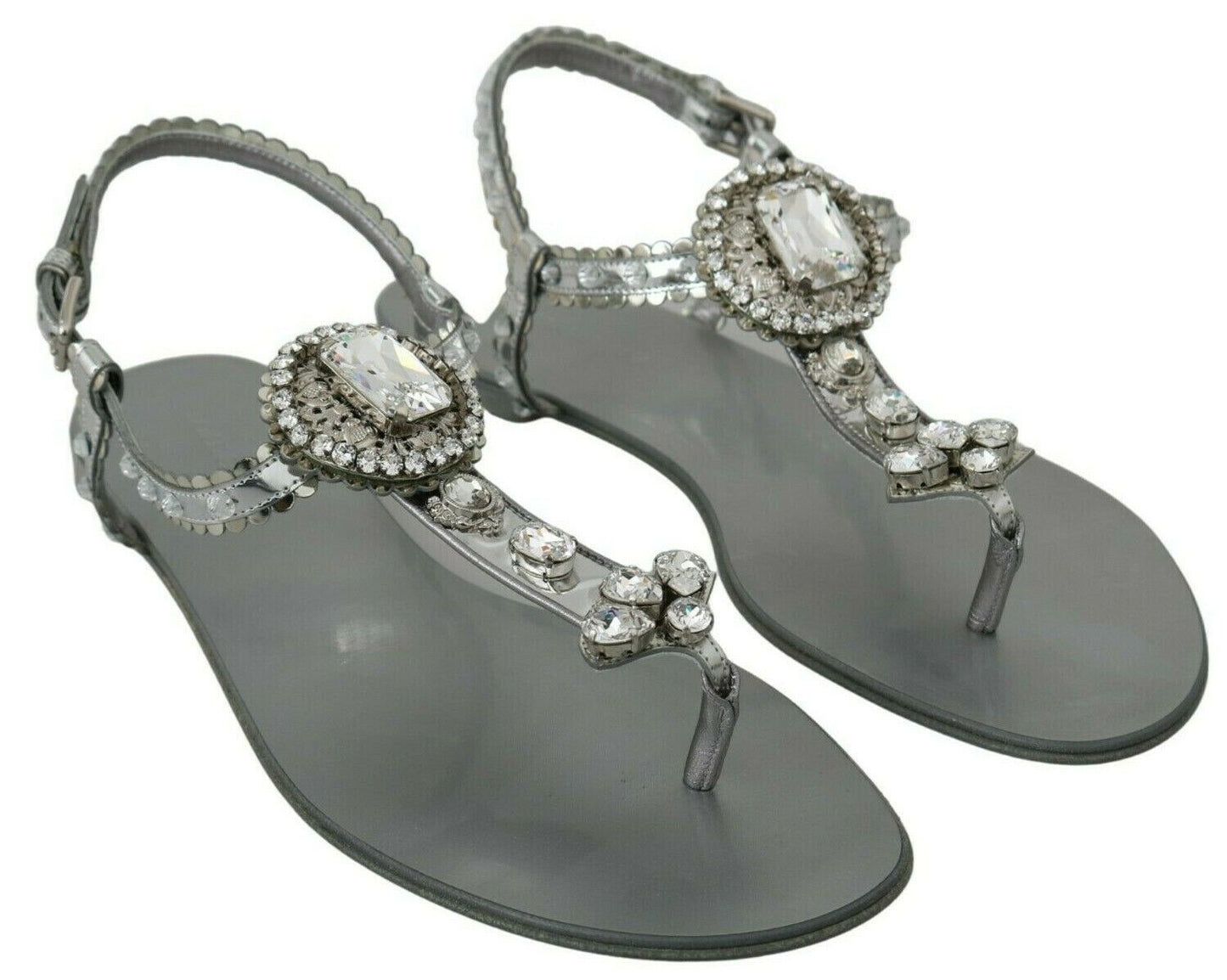 Dolce & Gabbana Silver Crystal Sandals Flip Flops Shoes - SMARTMARTNZ