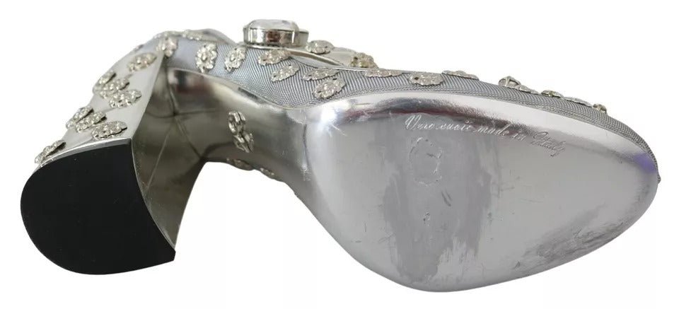 Dolce & Gabbana Silver Crystal Studs Heels Mary Janes Pumps Shoes - SMARTMARTNZ