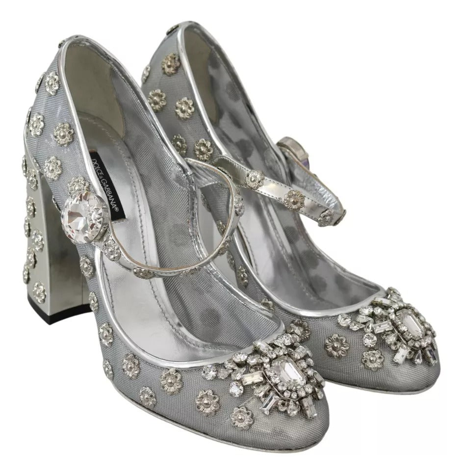 Dolce & Gabbana Silver Crystal Studs Heels Mary Janes Pumps Shoes - SMARTMARTNZ