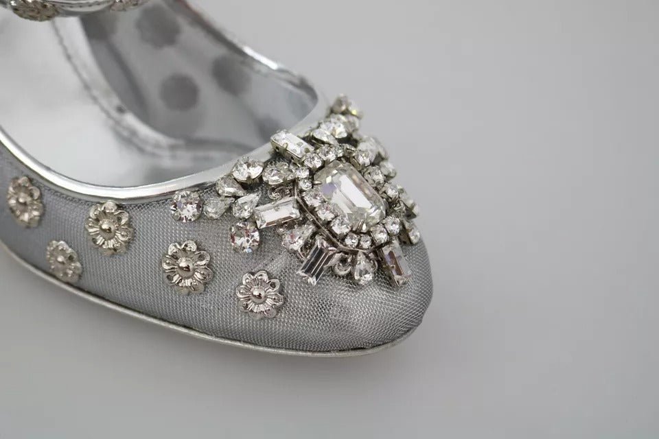 Dolce & Gabbana Silver Crystal Studs Heels Mary Janes Pumps Shoes - SMARTMARTNZ