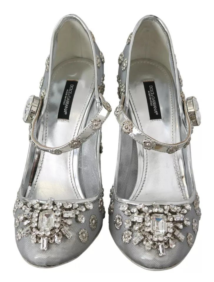 Dolce & Gabbana Silver Crystal Studs Heels Mary Janes Pumps Shoes - SMARTMARTNZ