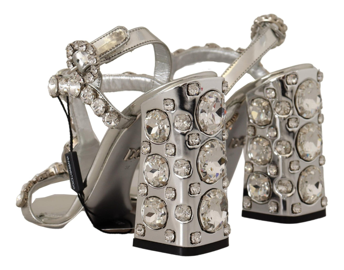 Dolce & Gabbana Silver Crystals Strap Buckle High Heel Sandals - SMARTMARTNZ