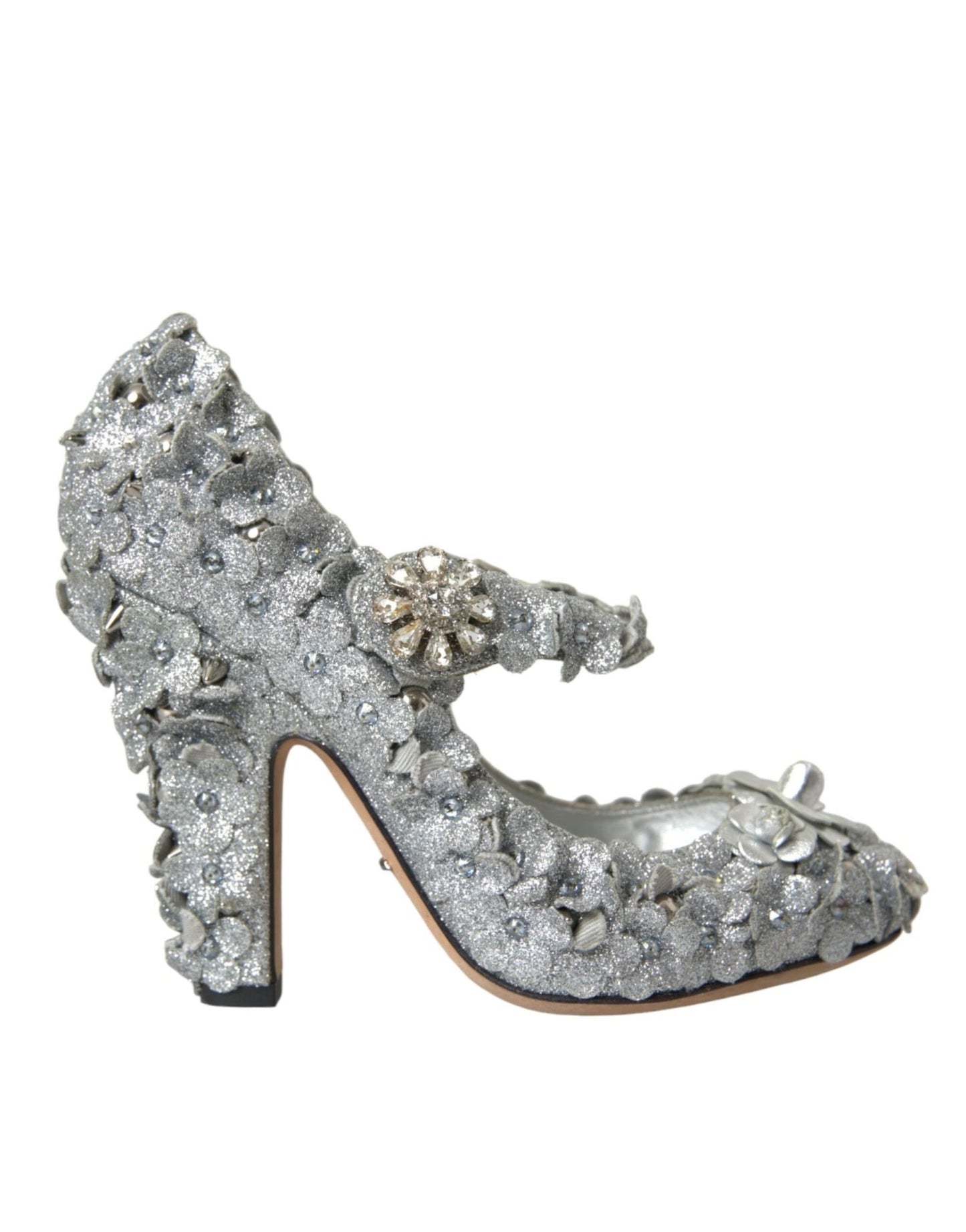 Dolce & Gabbana Silver Floral Crystal Mary Jane Pumps Shoes - SMARTMARTNZ