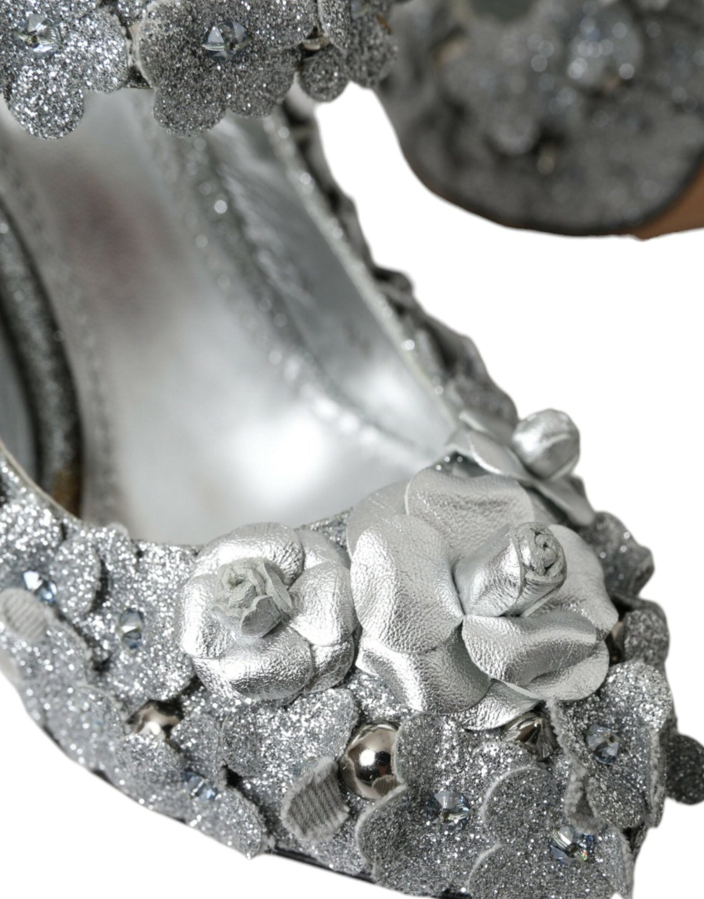 Dolce & Gabbana Silver Floral Crystal Mary Jane Pumps Shoes - SMARTMARTNZ