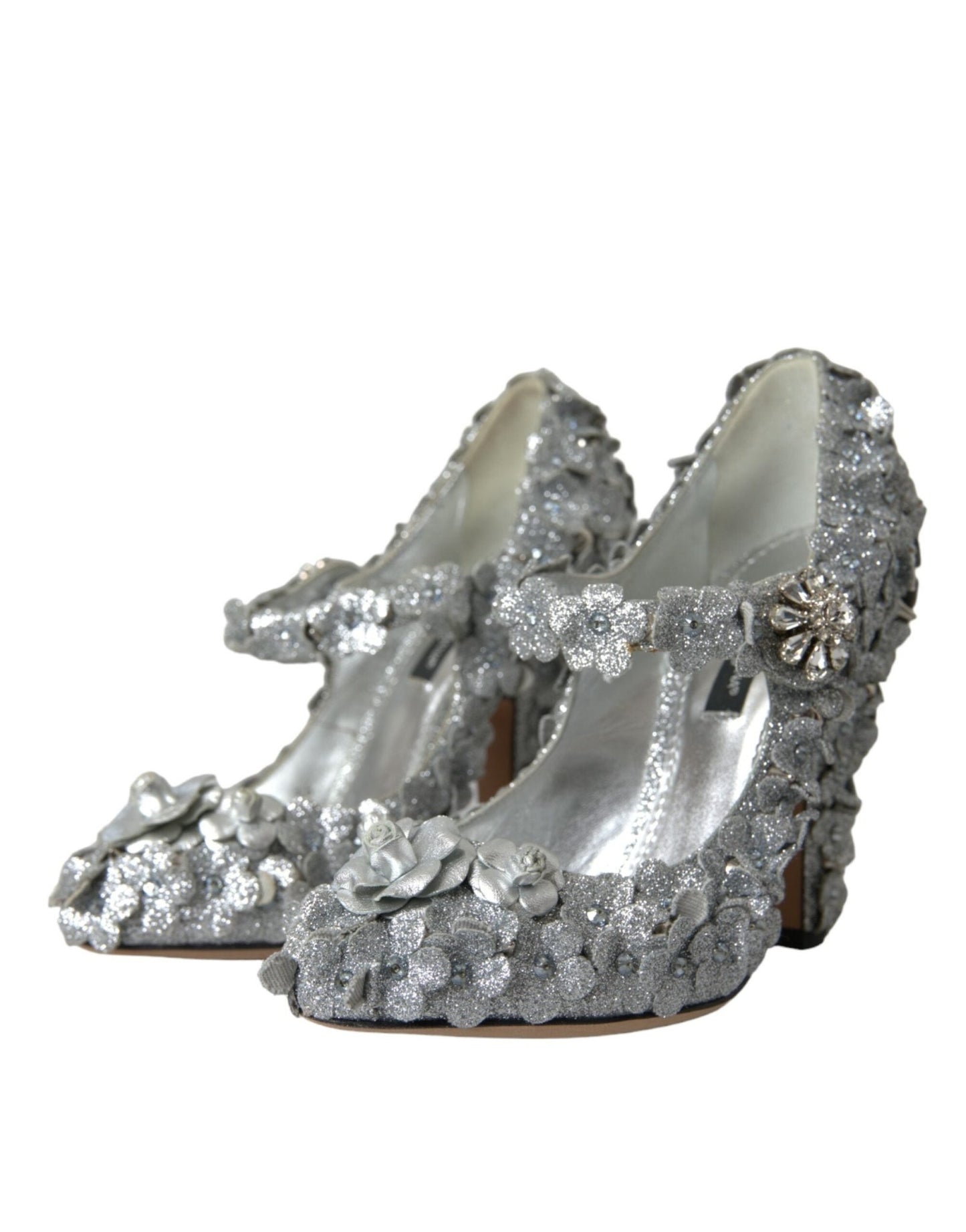Dolce & Gabbana Silver Floral Crystal Mary Jane Pumps Shoes - SMARTMARTNZ