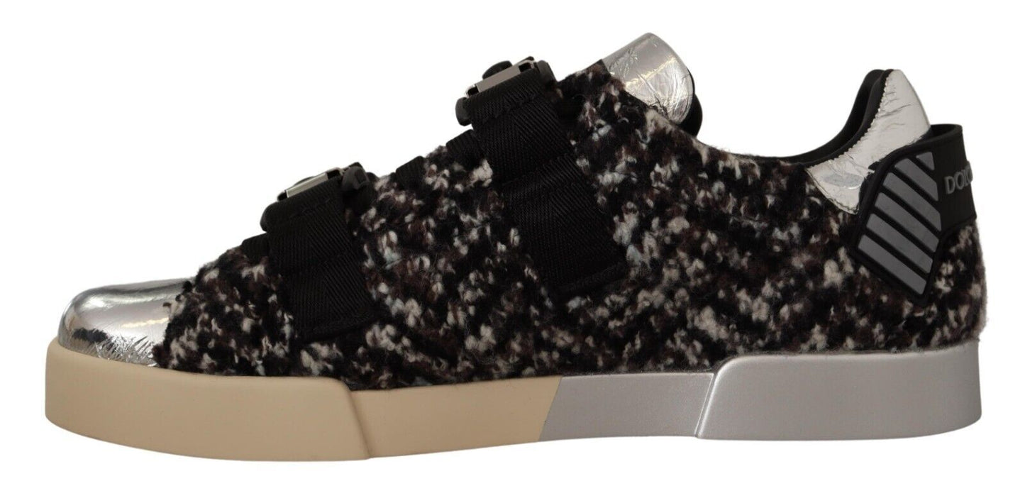Dolce & Gabbana Silver Leather Brown Cotton Wool Sneakers Shoes - SMARTMARTNZ