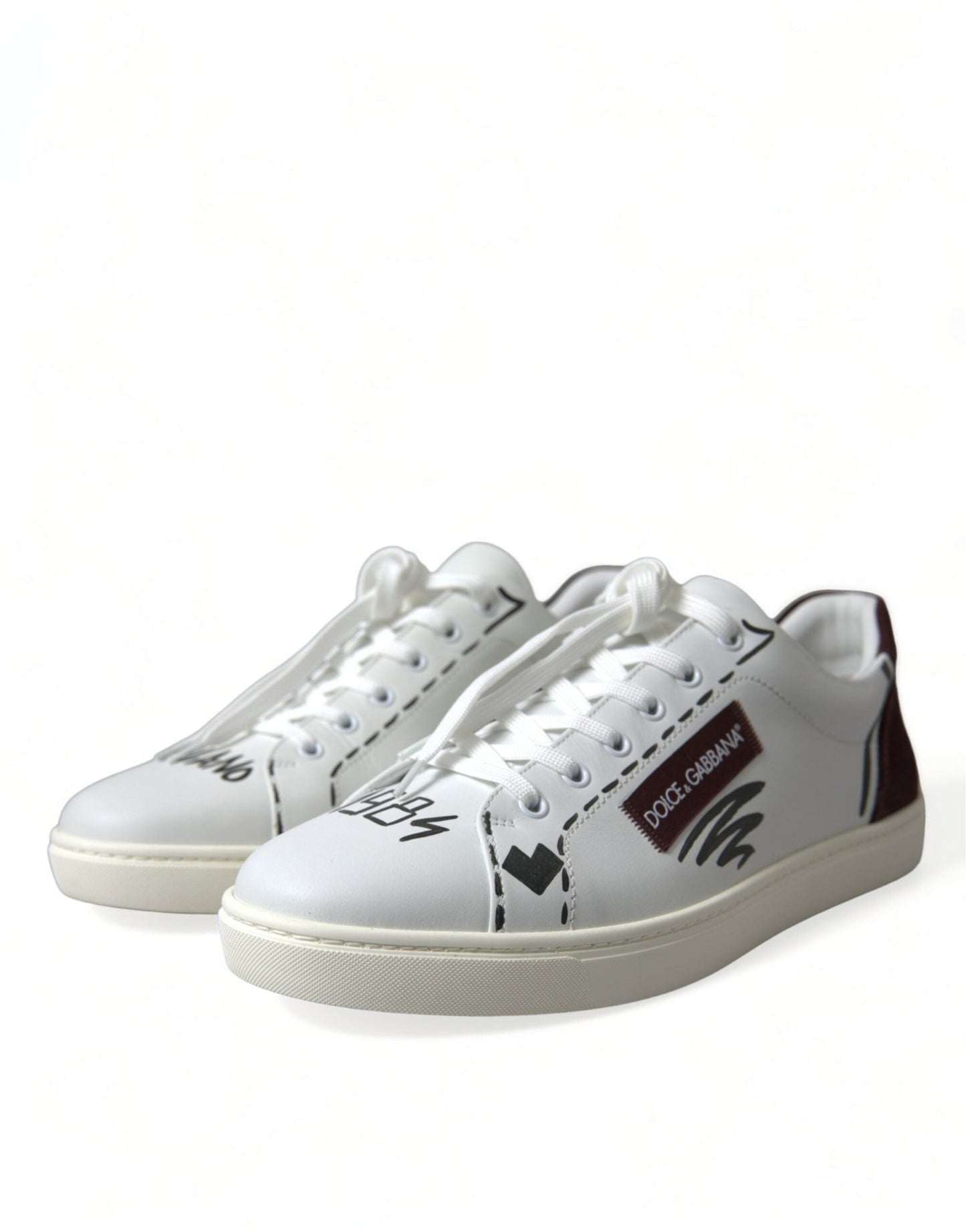 Dolce & Gabbana White Bordeaux Leather Logo Low Top Sneakers Shoes - SMARTMARTNZ
