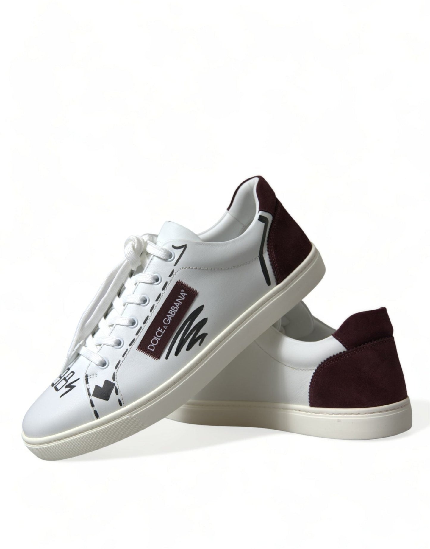 Dolce & Gabbana White Bordeaux Leather Logo Low Top Sneakers Shoes - SMARTMARTNZ