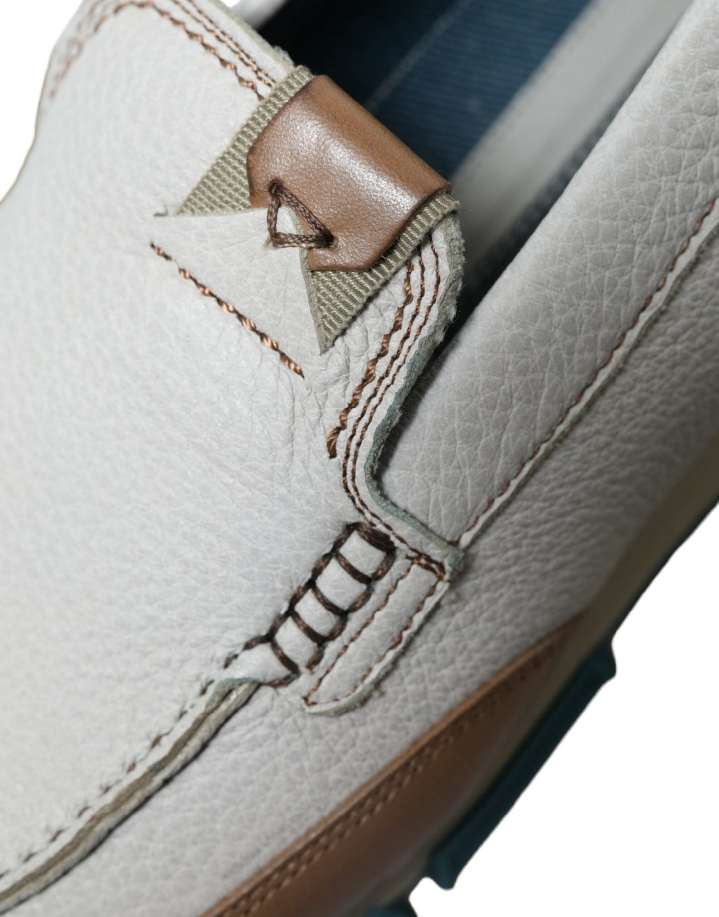 Dolce & Gabbana White Brown Leather Slip On Men Moccasin Shoes - SMARTMARTNZ