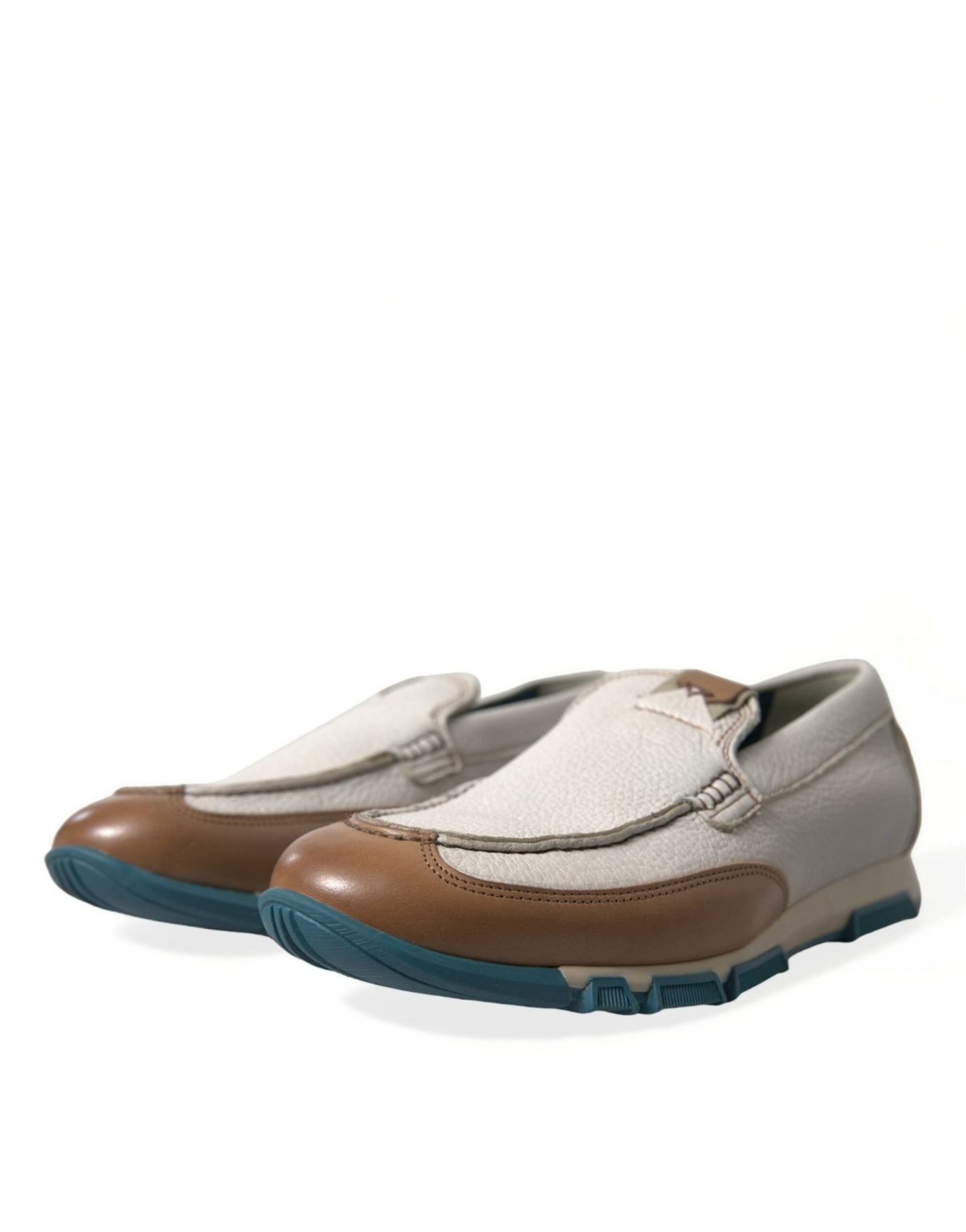Dolce & Gabbana White Brown Leather Slip On Men Moccasin Shoes - SMARTMARTNZ