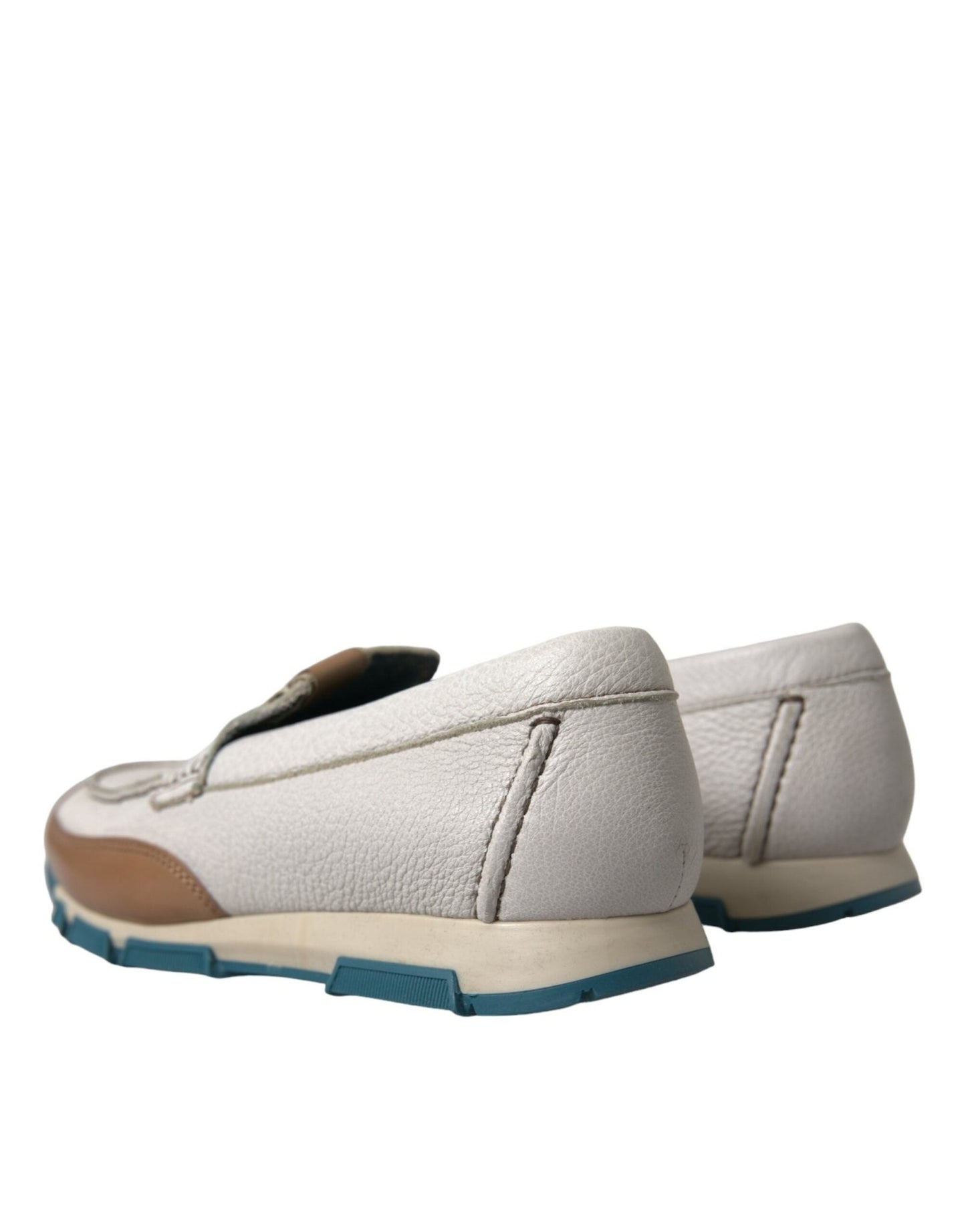 Dolce & Gabbana White Brown Leather Slip On Men Moccasin Shoes - SMARTMARTNZ