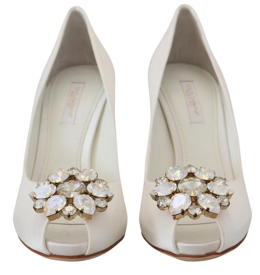 Dolce & Gabbana White Crystals Peep Toe Heel Satin Pumps - SMARTMARTNZ