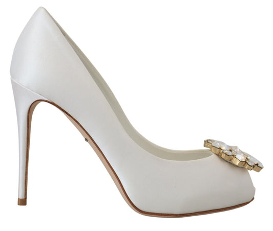 Dolce & Gabbana White Crystals Peep Toe Heel Satin Pumps - SMARTMARTNZ