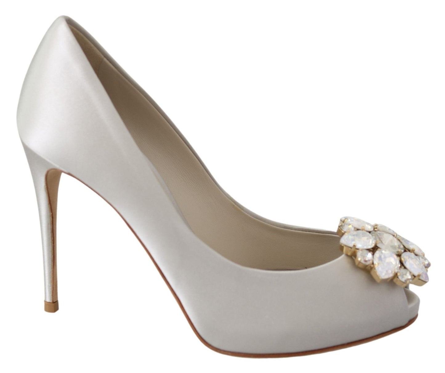 Dolce & Gabbana White Crystals Peep Toe Heels Satin Pumps Shoes - SMARTMARTNZ