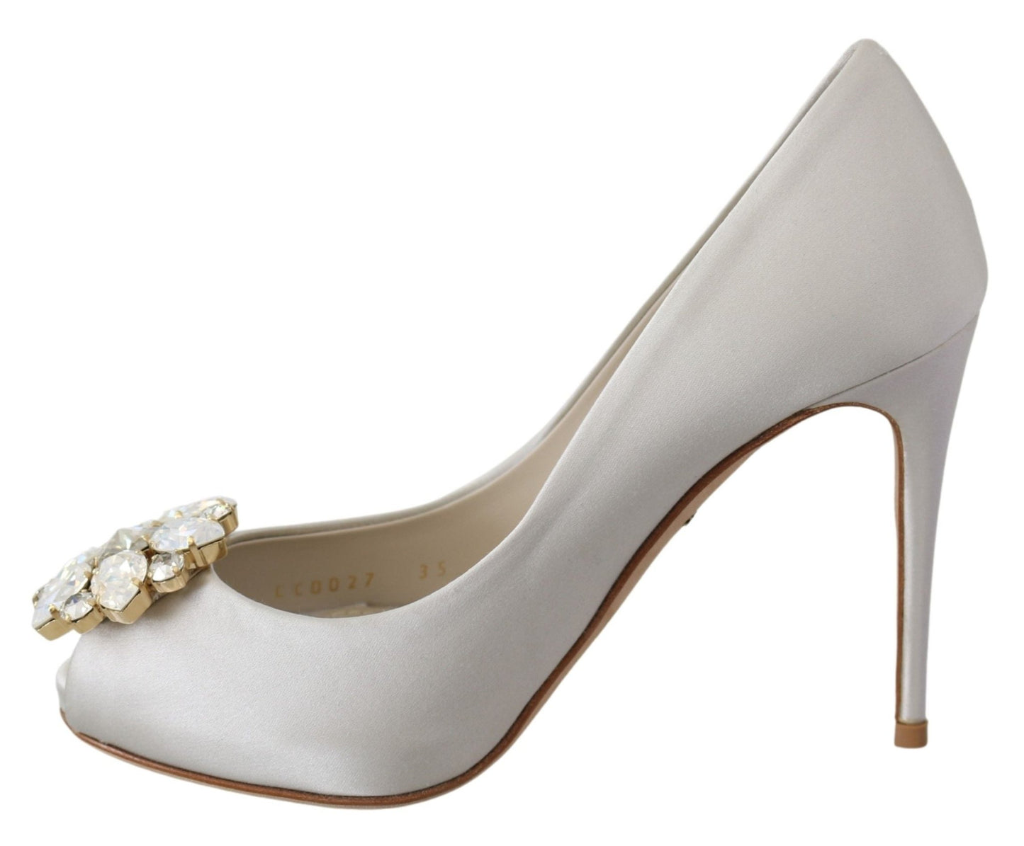 Dolce & Gabbana White Crystals Peep Toe Heels Satin Pumps Shoes - SMARTMARTNZ