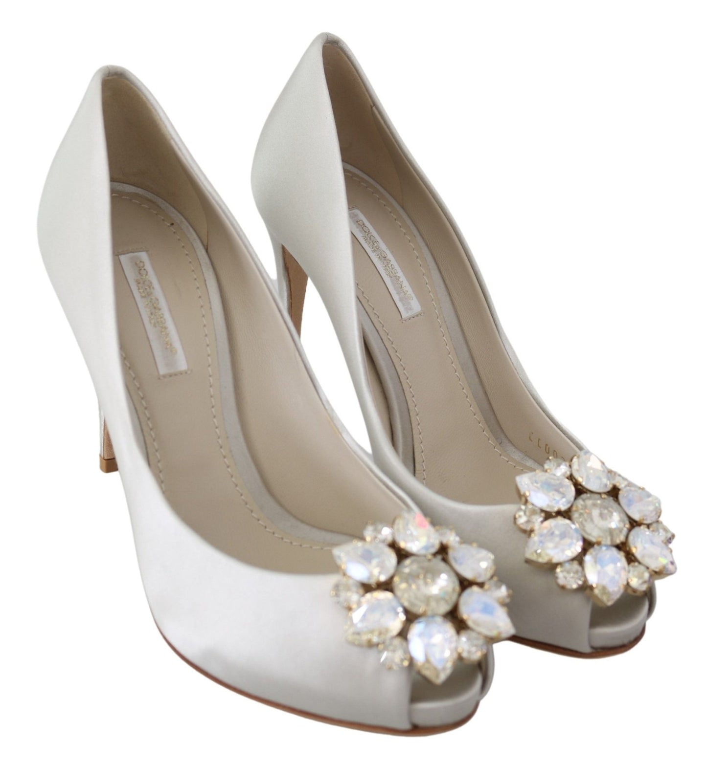 Dolce & Gabbana White Crystals Peep Toe Heels Satin Pumps Shoes - SMARTMARTNZ