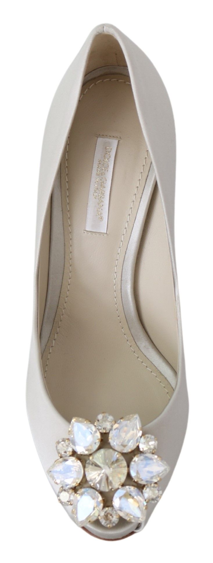 Dolce & Gabbana White Crystals Peep Toe Heels Satin Pumps Shoes - SMARTMARTNZ
