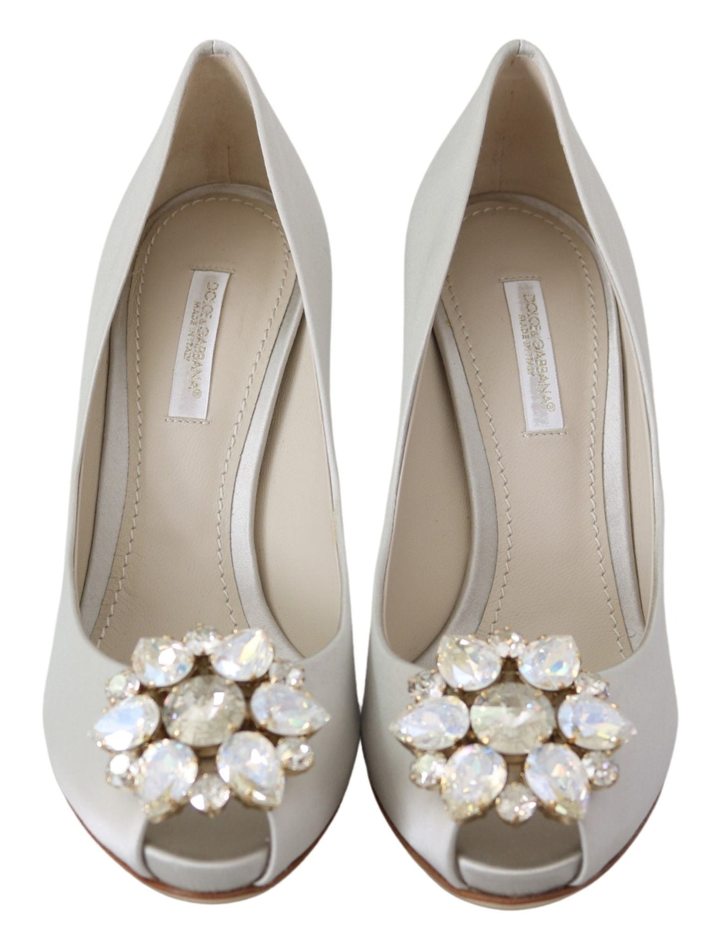 Dolce & Gabbana White Crystals Peep Toe Heels Satin Pumps Shoes - SMARTMARTNZ
