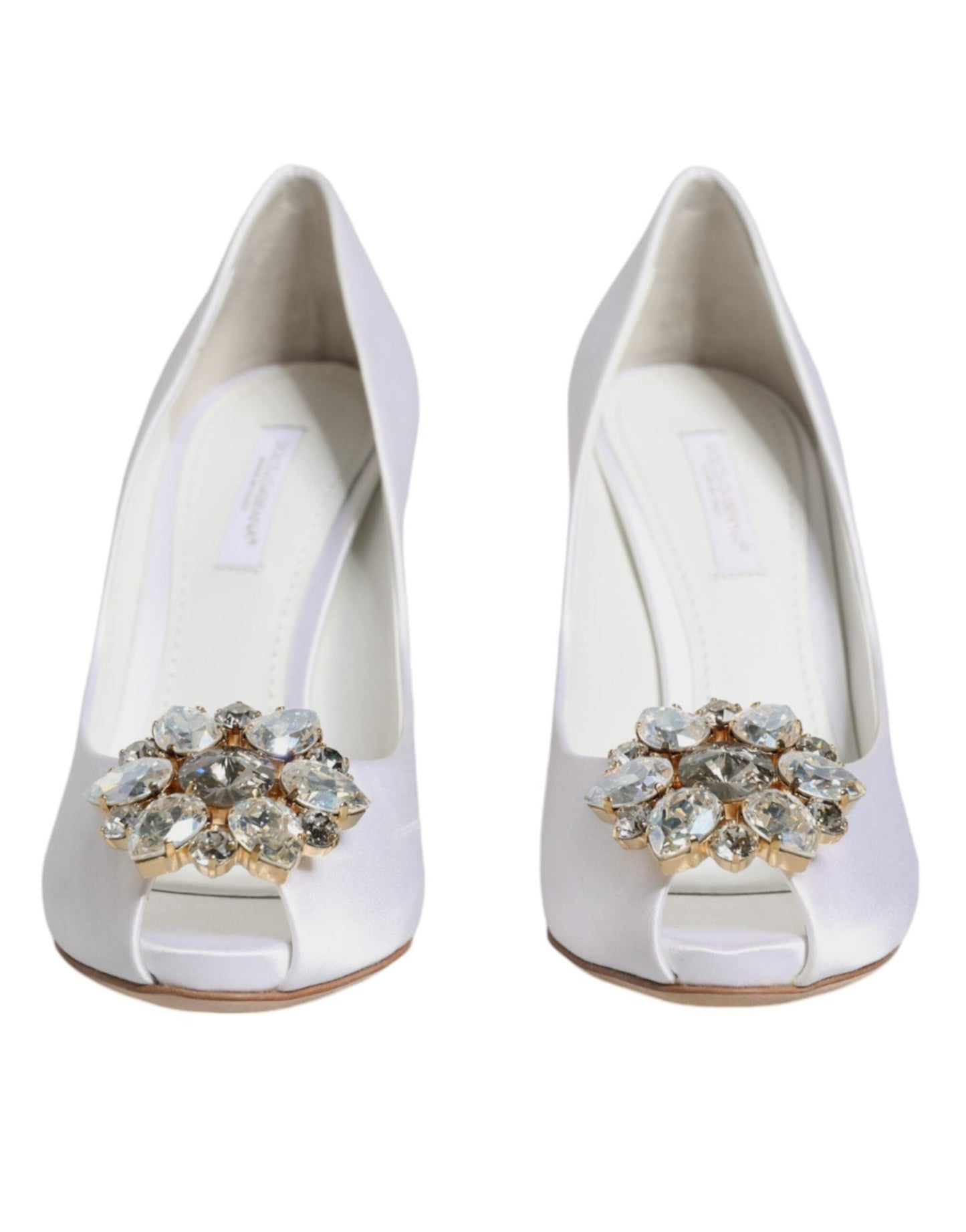 Dolce & Gabbana White Crystals Peep Toe Satin Pumps Shoes - SMARTMARTNZ