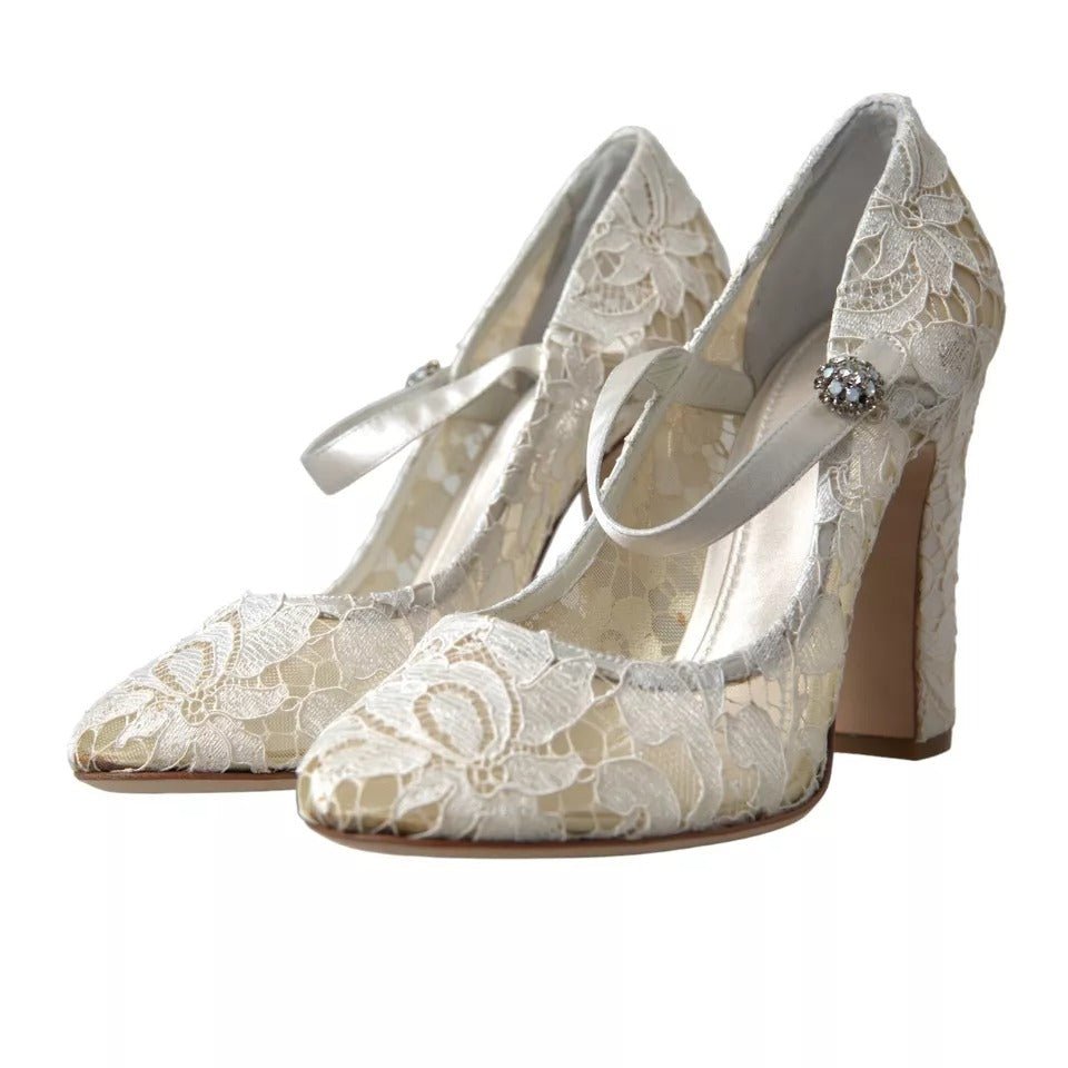 Dolce & Gabbana White Lace Crystals Heels Sandals Shoes - SMARTMARTNZ