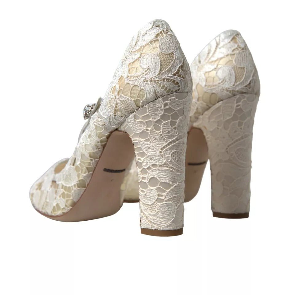Dolce & Gabbana White Lace Crystals Heels Sandals Shoes - SMARTMARTNZ