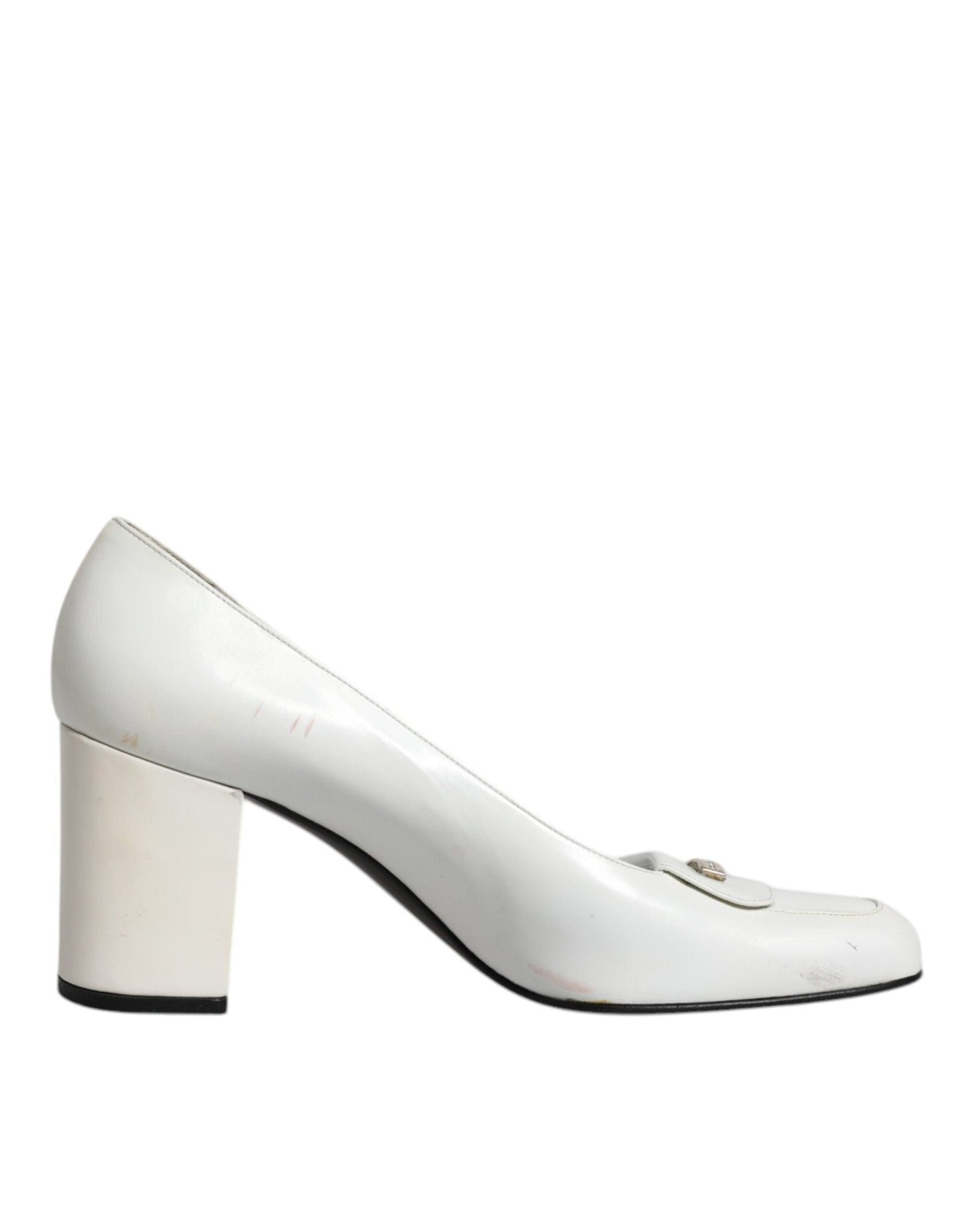 Dolce & Gabbana White Leather Block Heels Pumps Shoes - SMARTMARTNZ