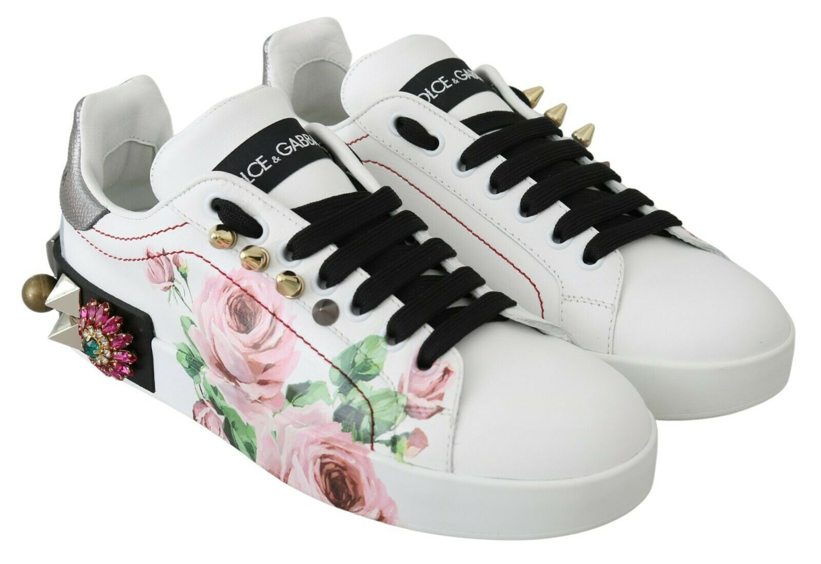 Dolce & Gabbana White Leather Crystal Roses Floral Sneakers Shoes - SMARTMARTNZ