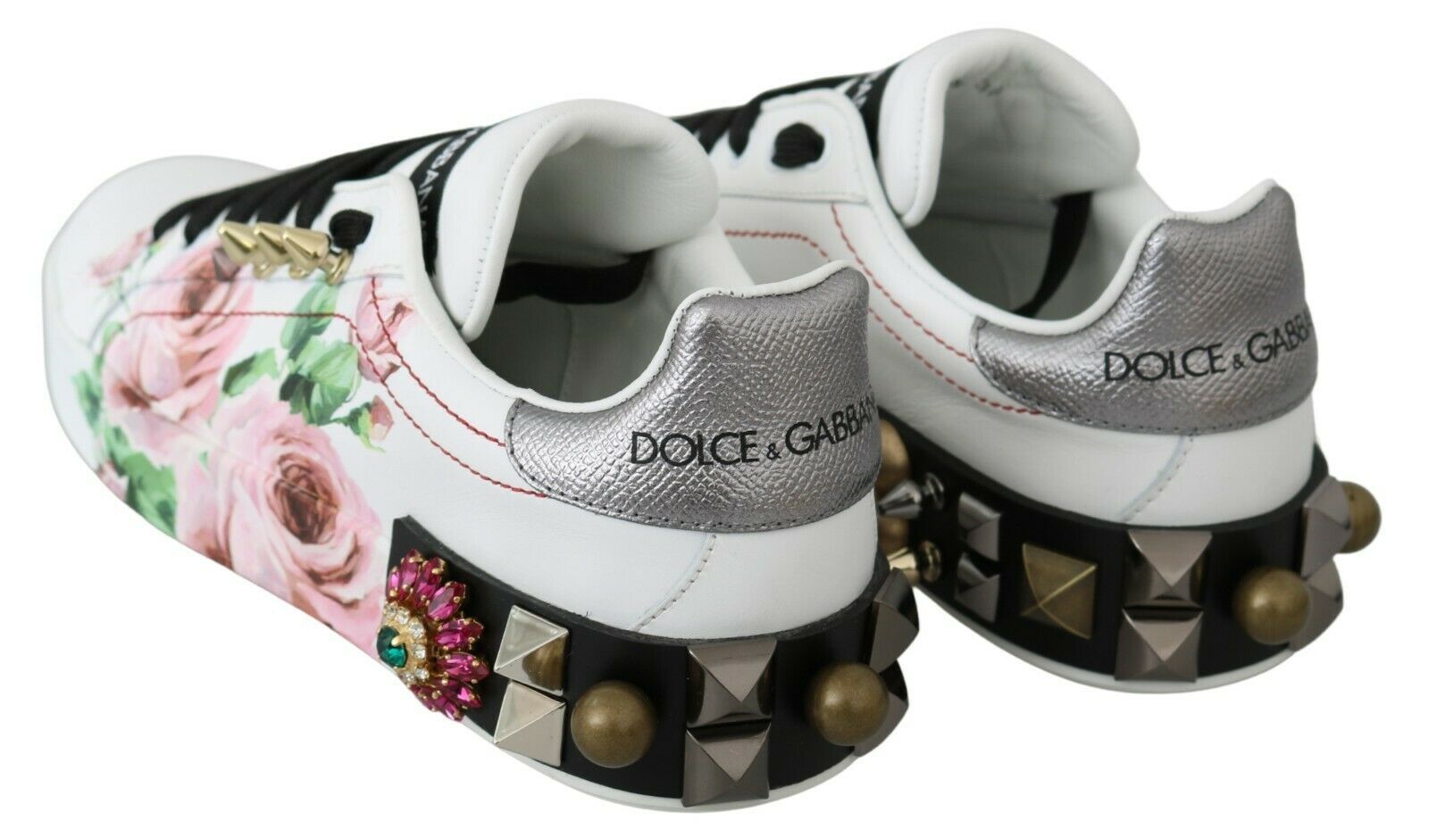 Dolce & Gabbana White Leather Crystal Roses Floral Sneakers Shoes - SMARTMARTNZ
