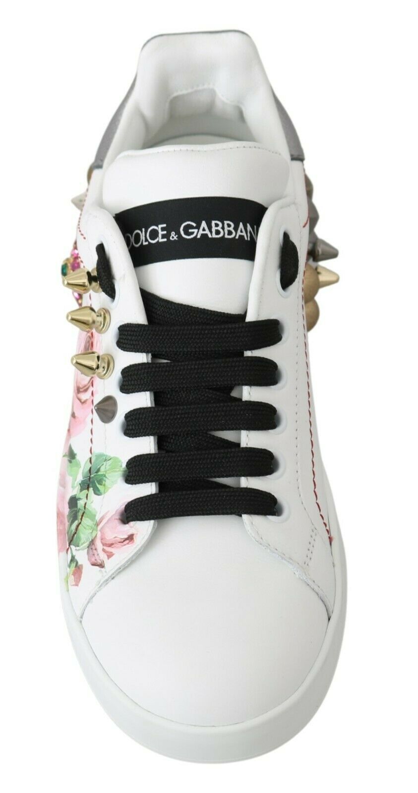 Dolce & Gabbana White Leather Crystal Roses Floral Sneakers Shoes - SMARTMARTNZ