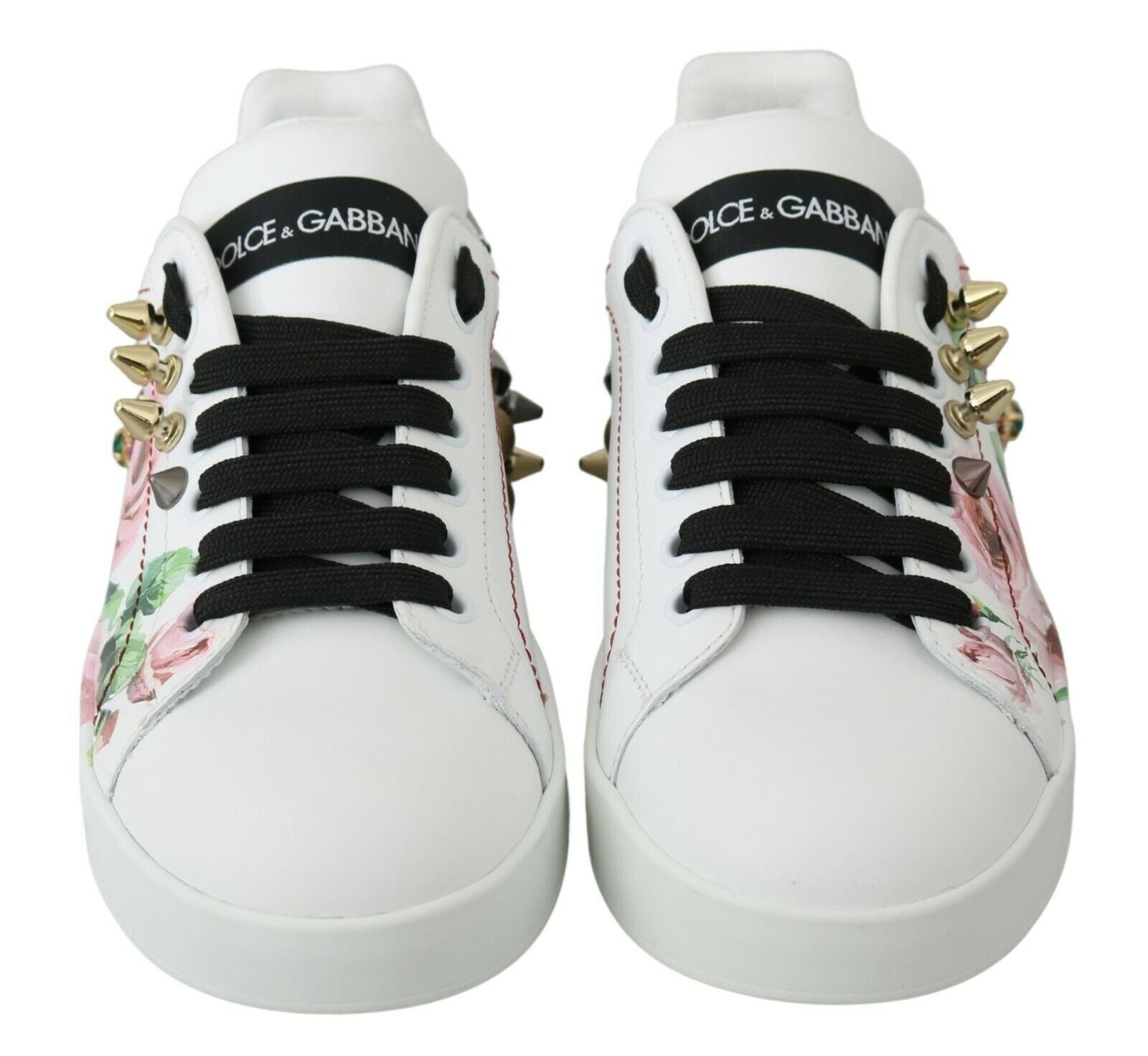 Dolce & Gabbana White Leather Crystal Roses Floral Sneakers Shoes - SMARTMARTNZ