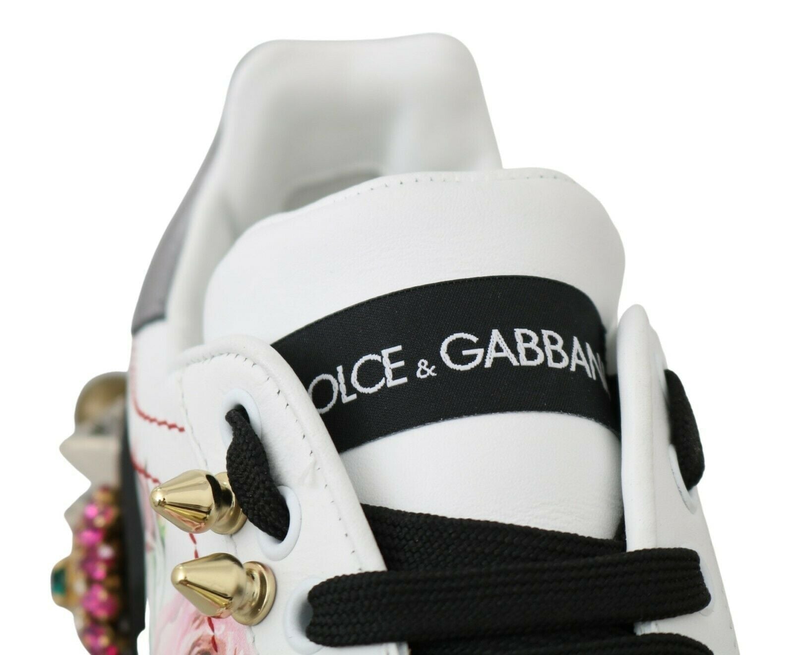 Dolce & Gabbana White Leather Crystal Roses Floral Sneakers Shoes - SMARTMARTNZ