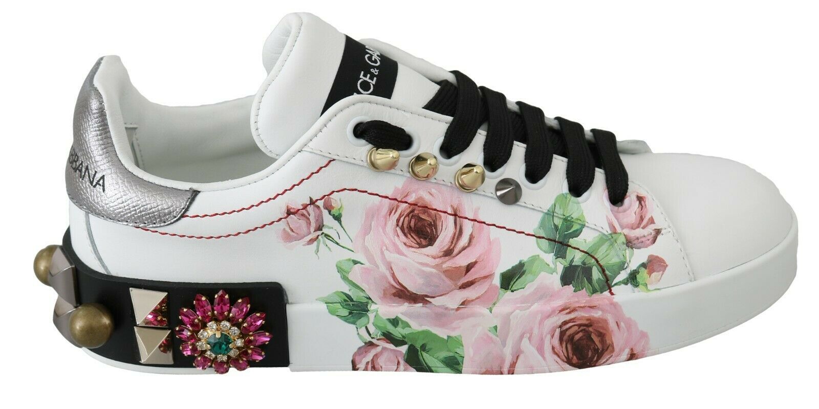 Dolce & Gabbana White Leather Crystal Roses Floral Sneakers Shoes - SMARTMARTNZ