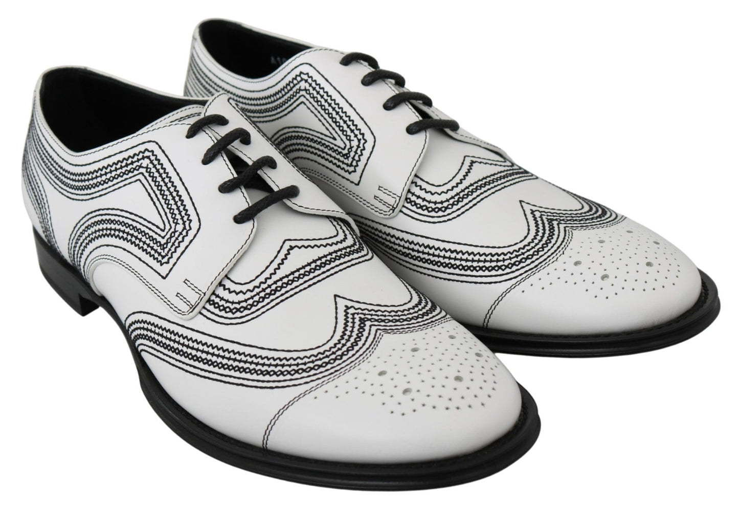 Dolce & Gabbana White Leather Derby Formal Black Lace Shoes - SMARTMARTNZ