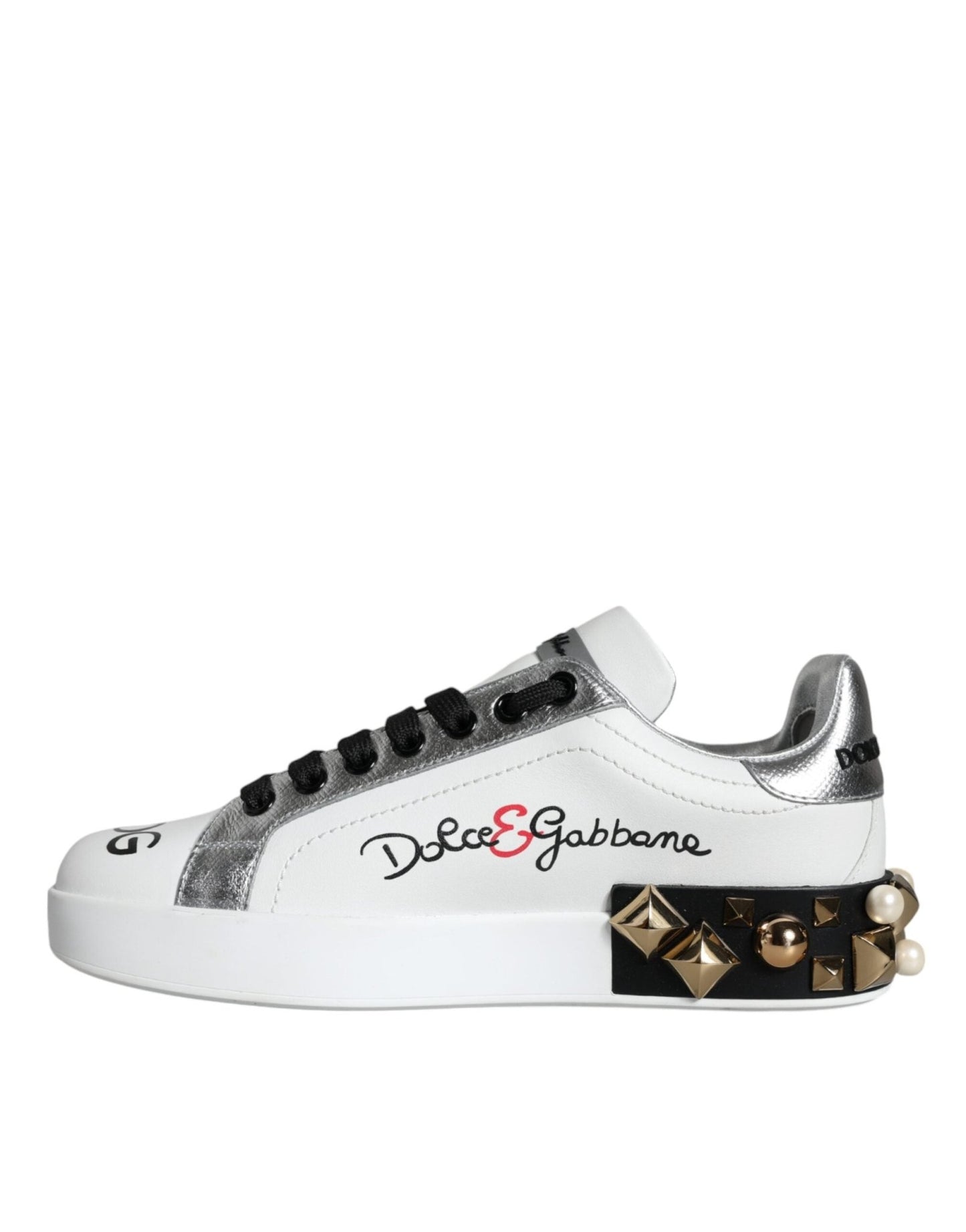 Dolce & Gabbana White Leather Floral Studded Sneakers Shoes - SMARTMARTNZ