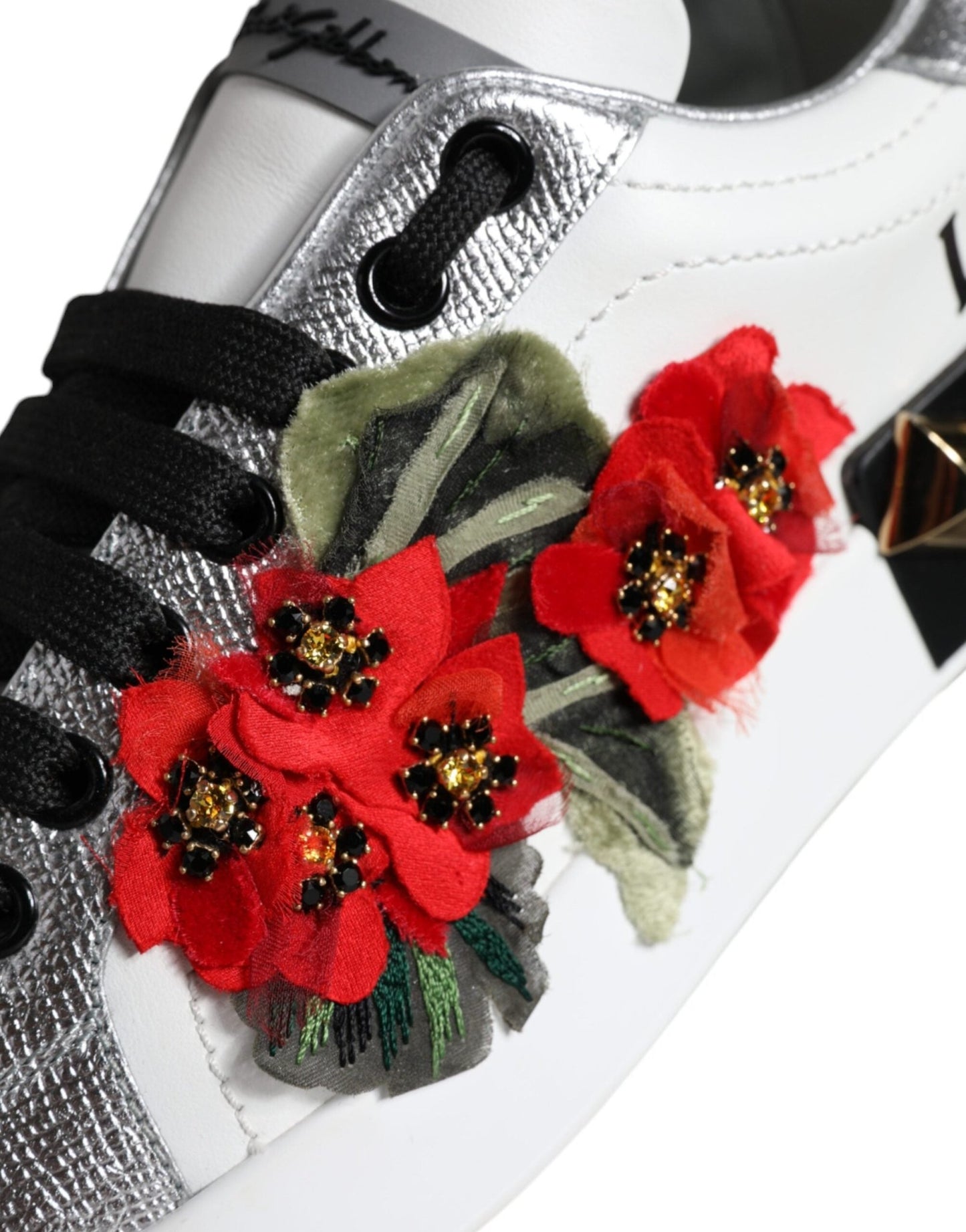 Dolce & Gabbana White Leather Floral Studded Sneakers Shoes - SMARTMARTNZ