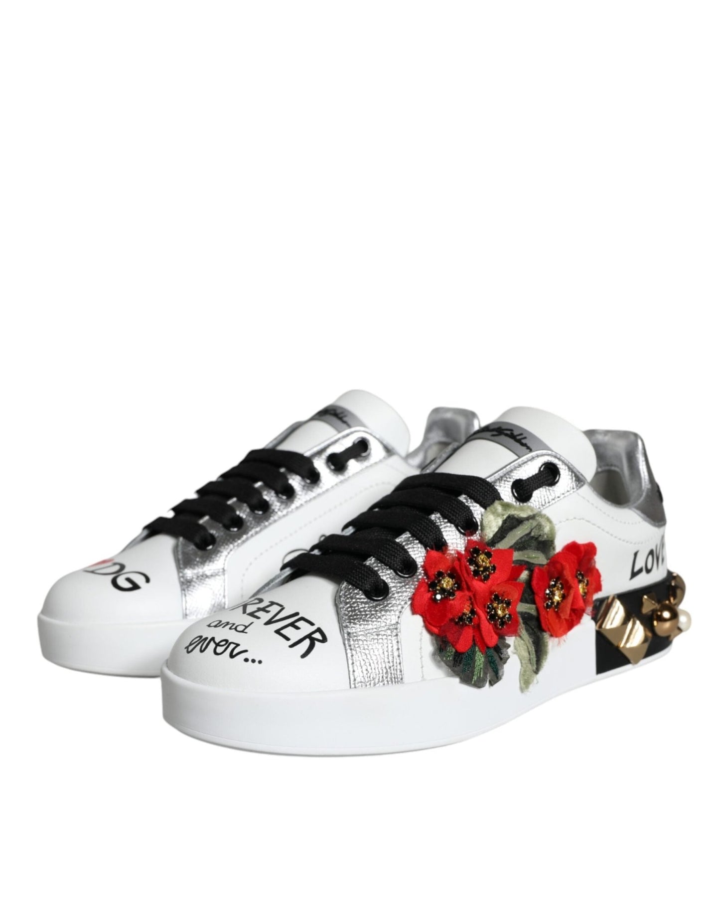Dolce & Gabbana White Leather Floral Studded Sneakers Shoes - SMARTMARTNZ
