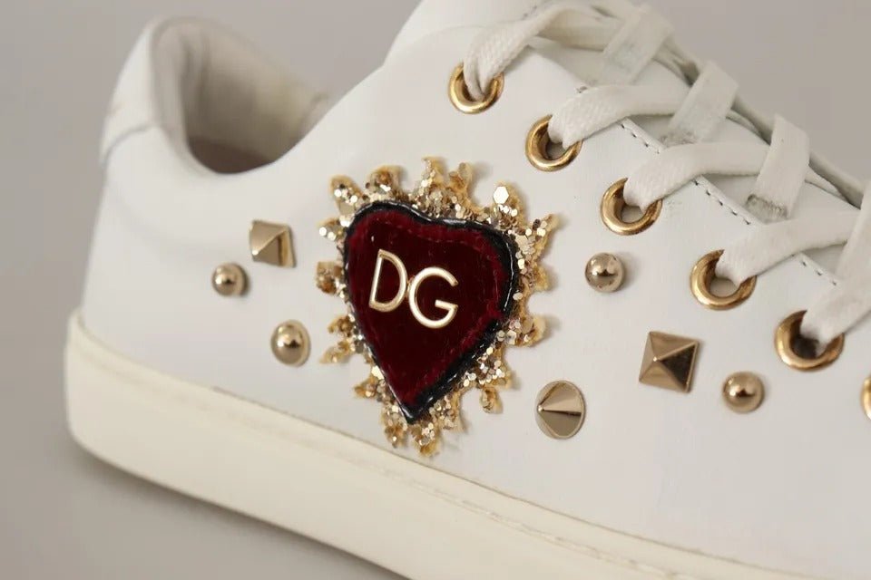Dolce & Gabbana White Leather Gold Red Heart Sneakers Shoes - SMARTMARTNZ