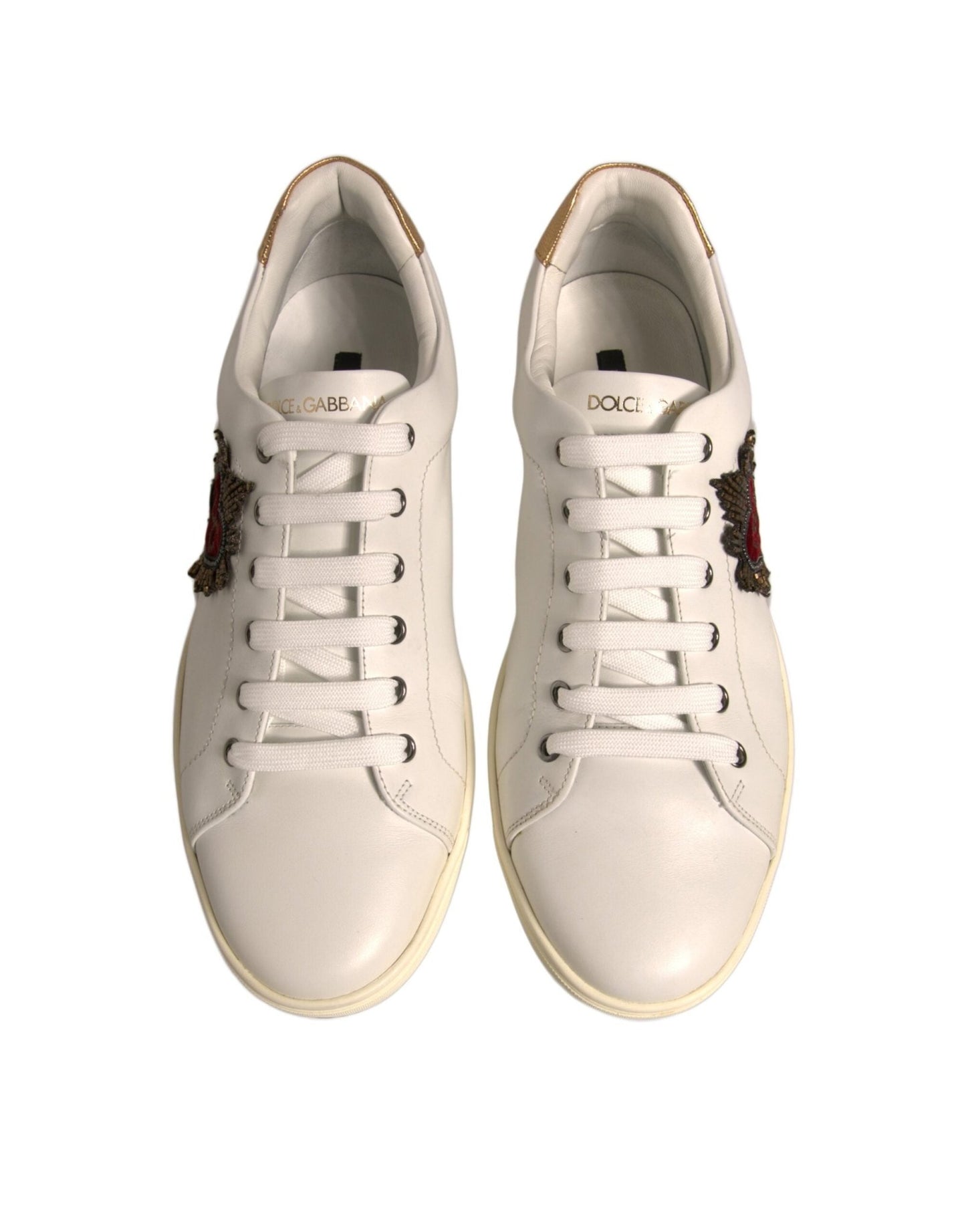 Dolce & Gabbana White Leather Heart Embellished Sneakers Shoes - SMARTMARTNZ