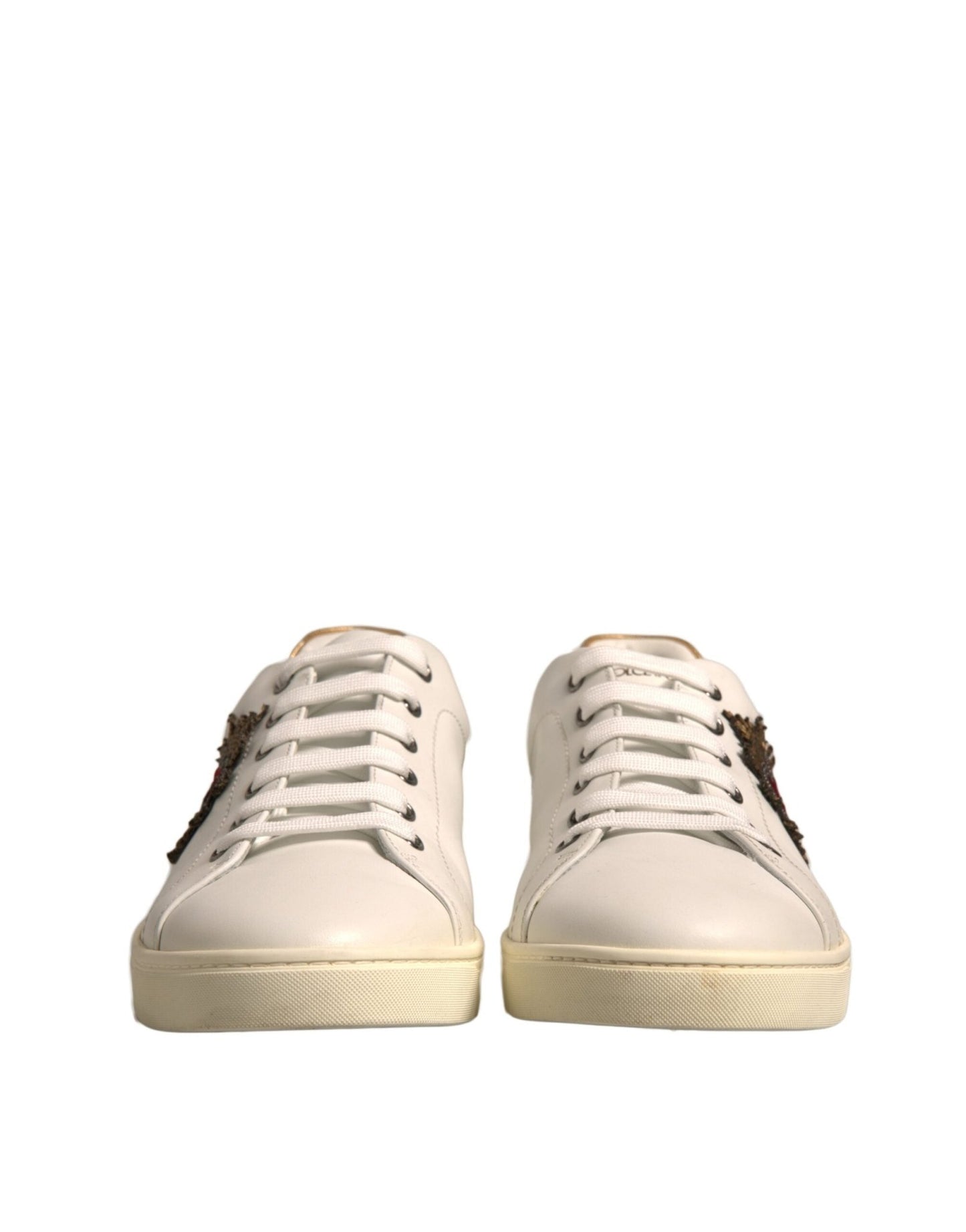 Dolce & Gabbana White Leather Heart Embellished Sneakers Shoes - SMARTMARTNZ