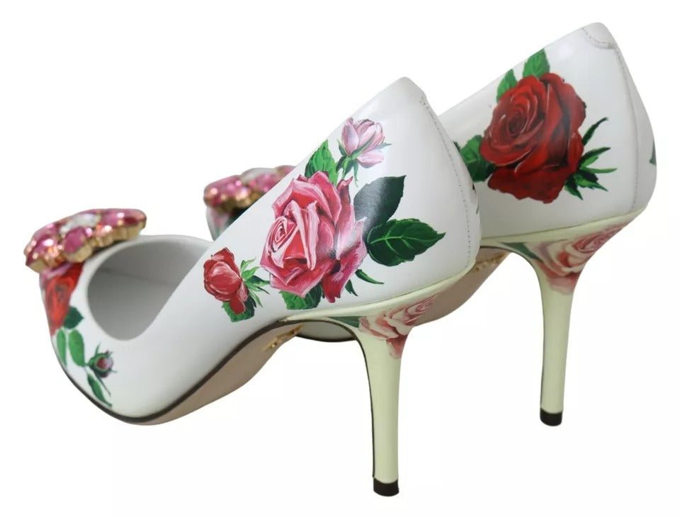 Dolce & Gabbana White Leather Roses Crystal Pumps Shoes - SMARTMARTNZ