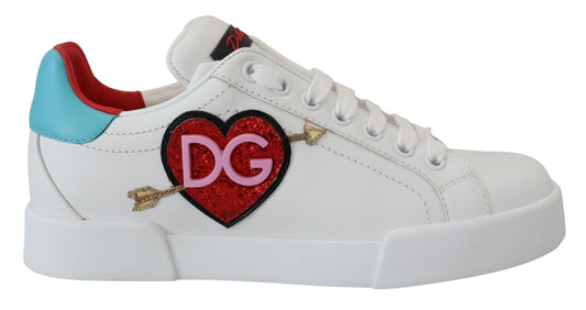 Dolce & Gabbana White Leather Sneaker Portofino Logo Heart Shoes - SMARTMARTNZ